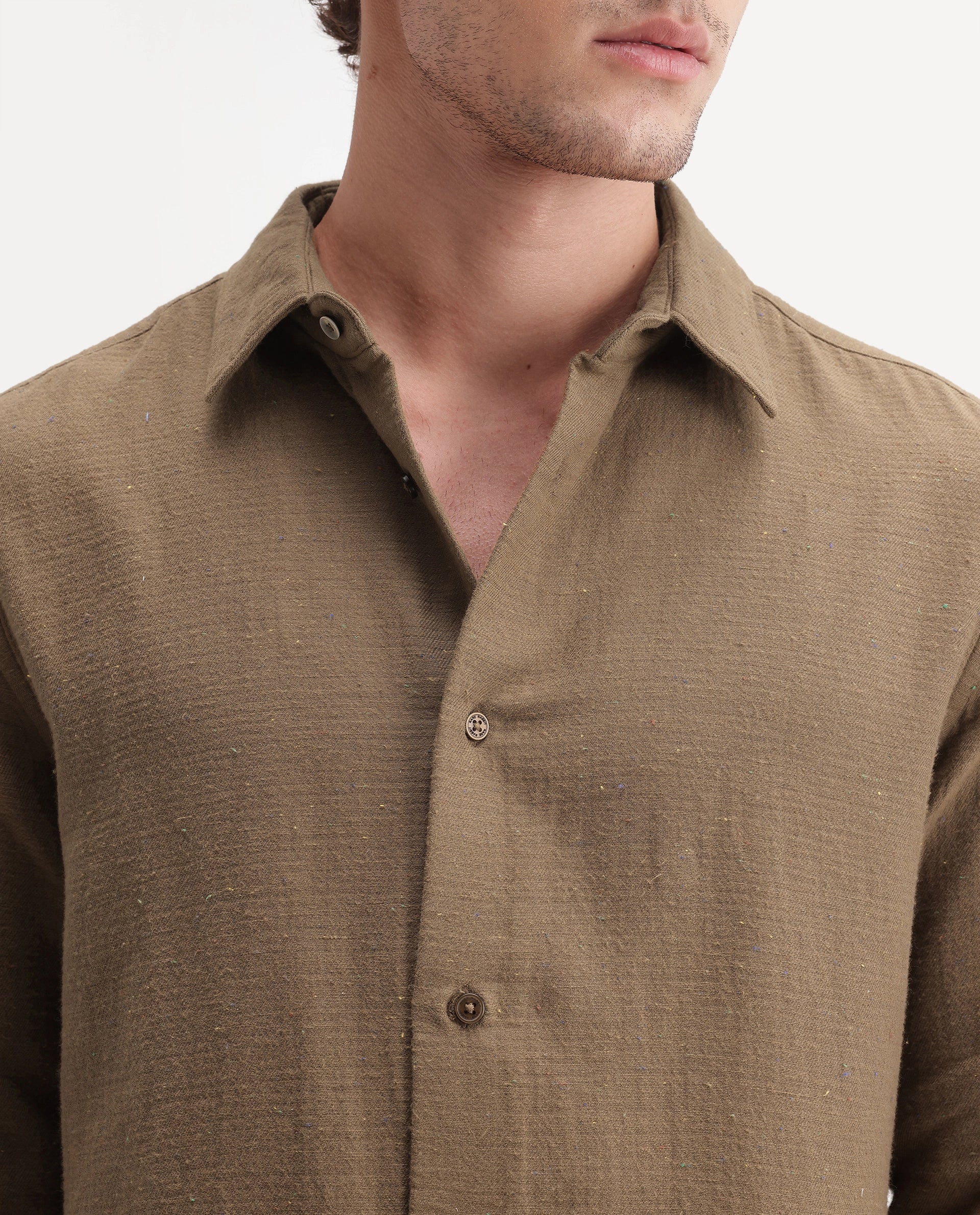 Rare Rabbit Men's Cira Primary Brown Cotton Blend Spread Collar Regular Plain Shirt