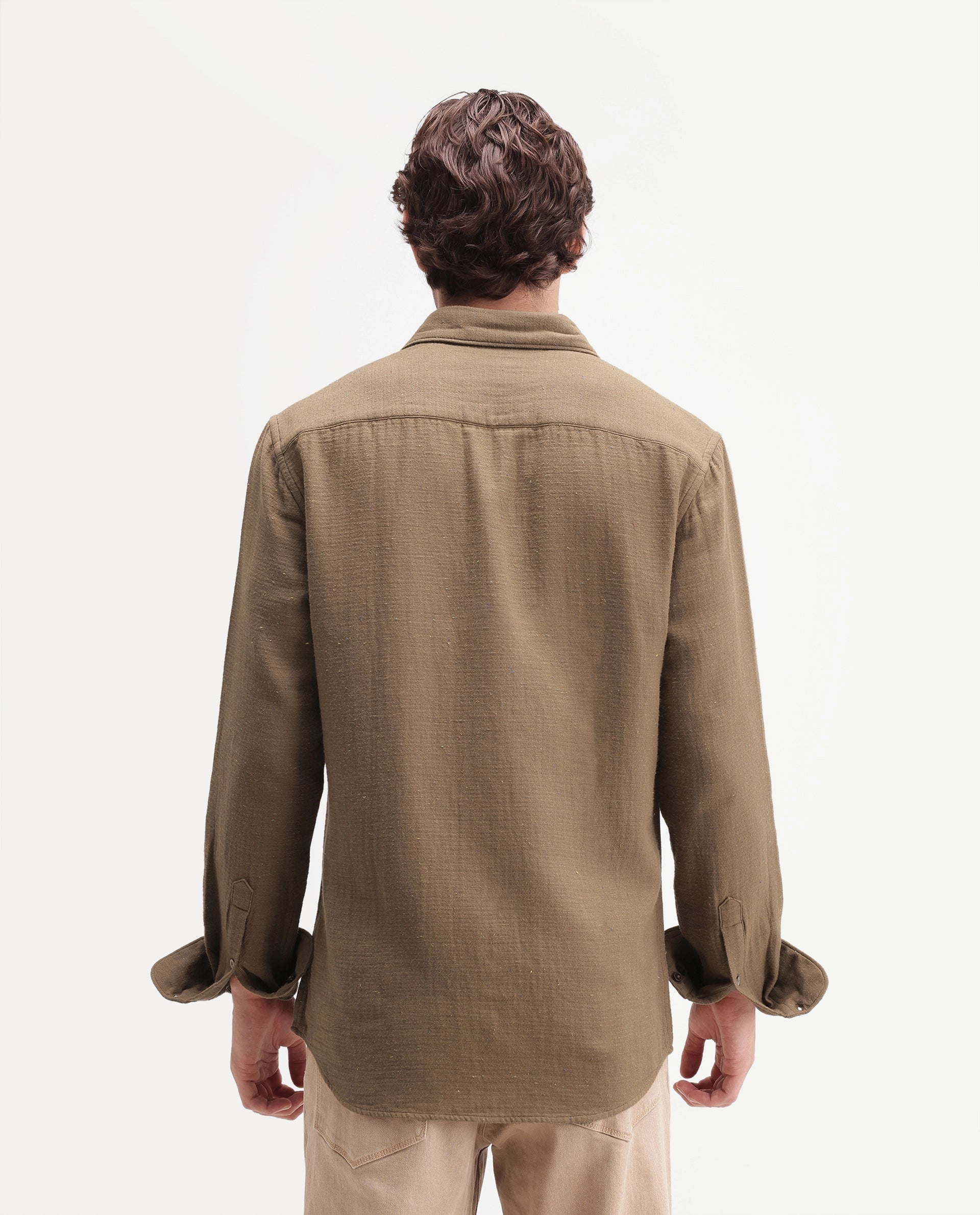 Rare Rabbit Men's Cira Primary Brown Cotton Blend Spread Collar Regular Plain Shirt