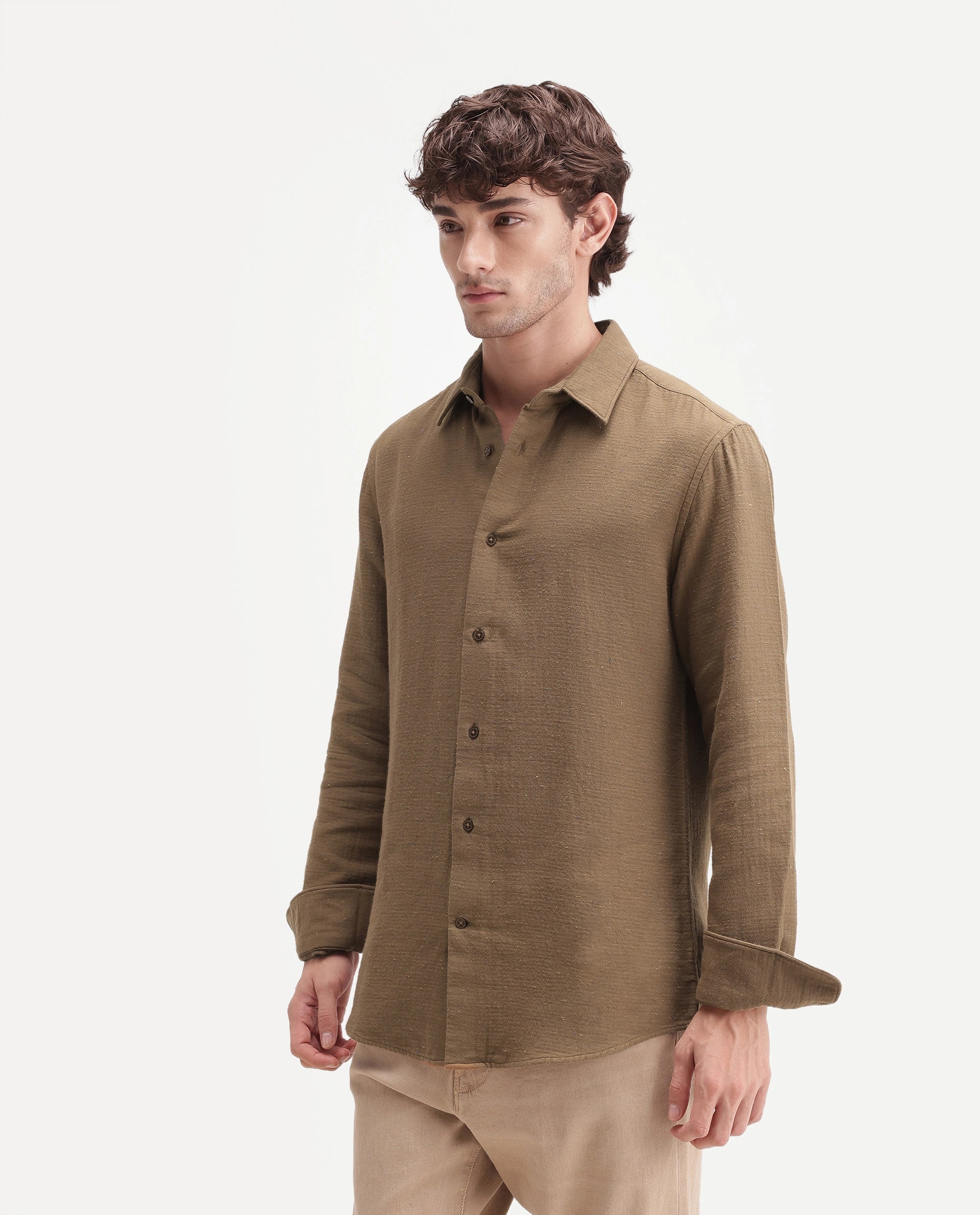 Rare Rabbit Men's Cira Primary Brown Cotton Blend Spread Collar Regular Plain Shirt