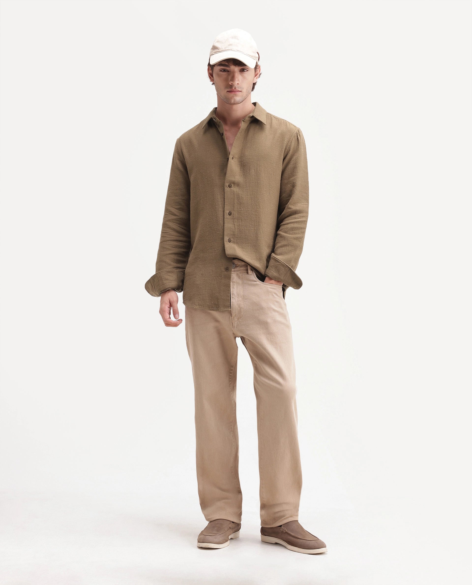Rare Rabbit Men's Cira Primary Brown Cotton Blend Spread Collar Regular Plain Shirt