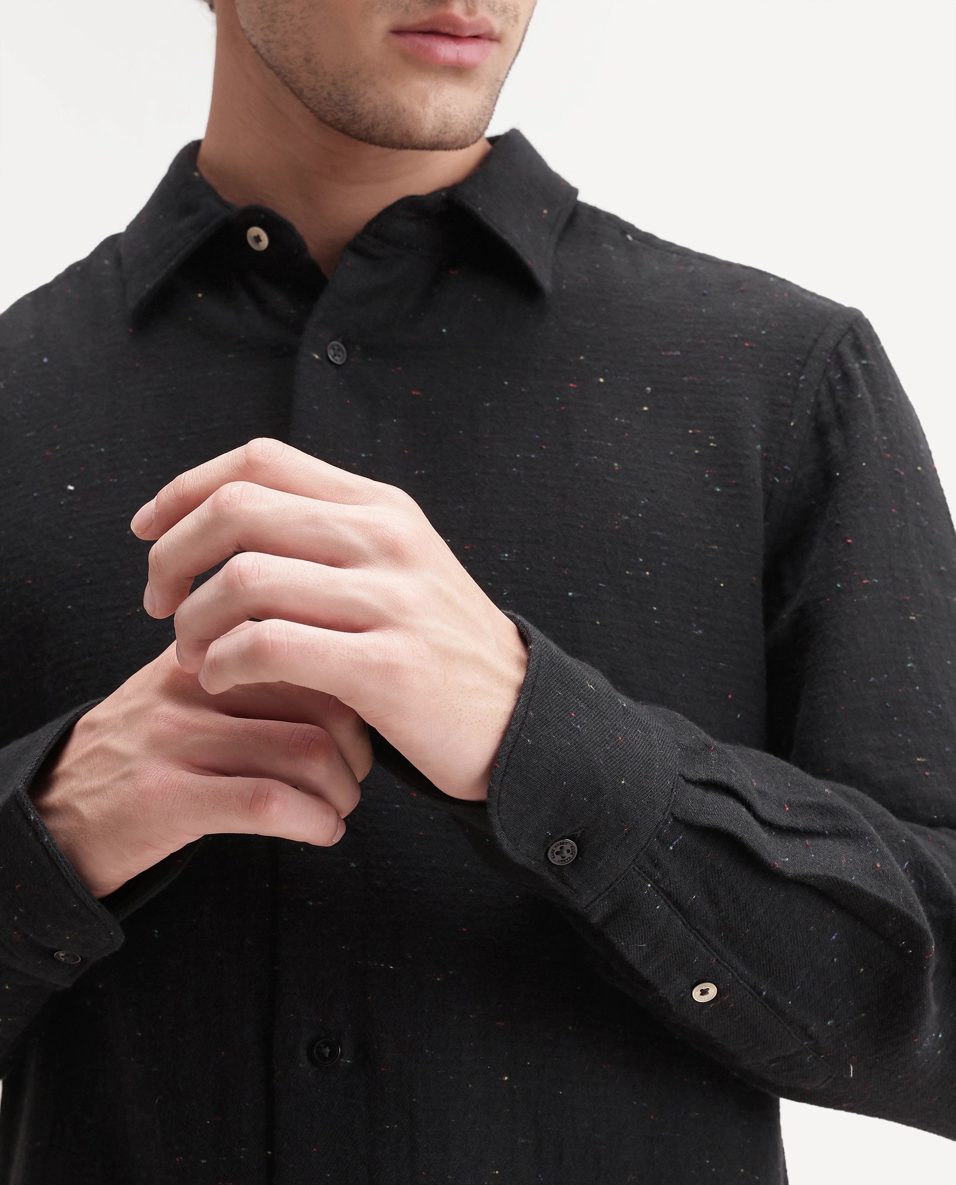 Rare Rabbit Men's Cira Primary Navy Cotton Blend Spread Collar Regular Plain Shirt