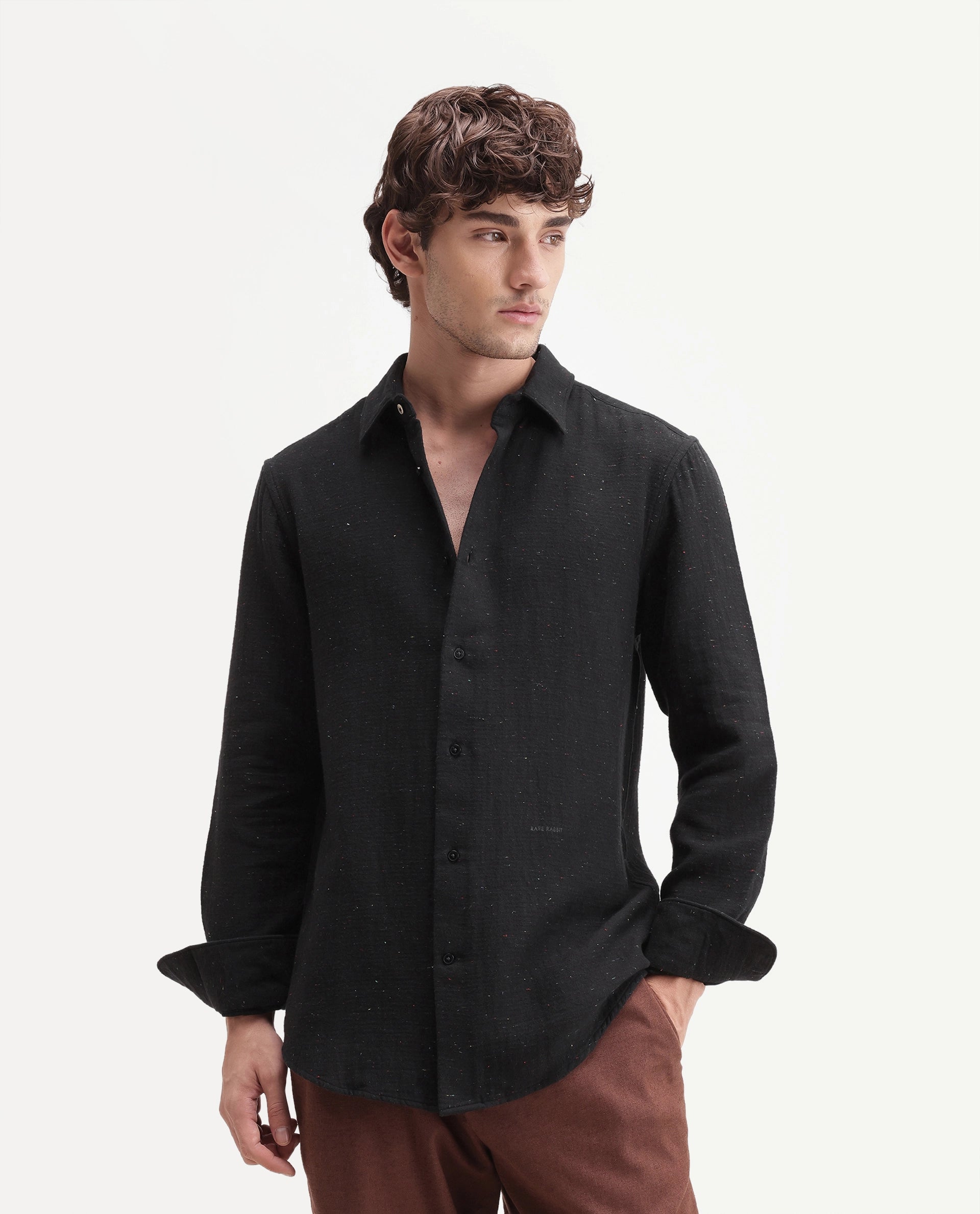 Rare Rabbit Men's Cira Primary Navy Cotton Blend Spread Collar Regular Plain Shirt
