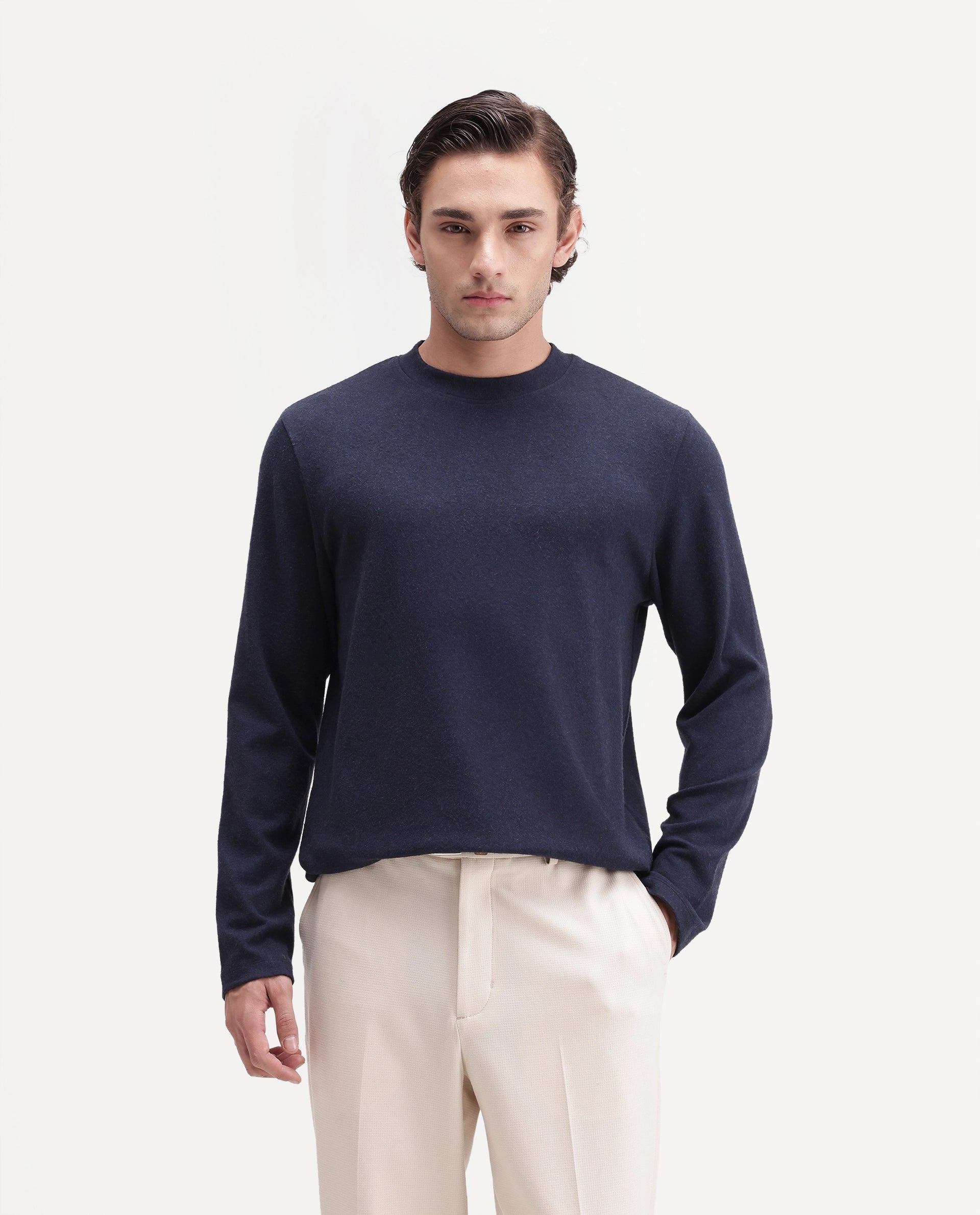 Rare Rabbit Men's Kiki Navy Polyester Blend Crew Neck Regular Plain T-Shirt