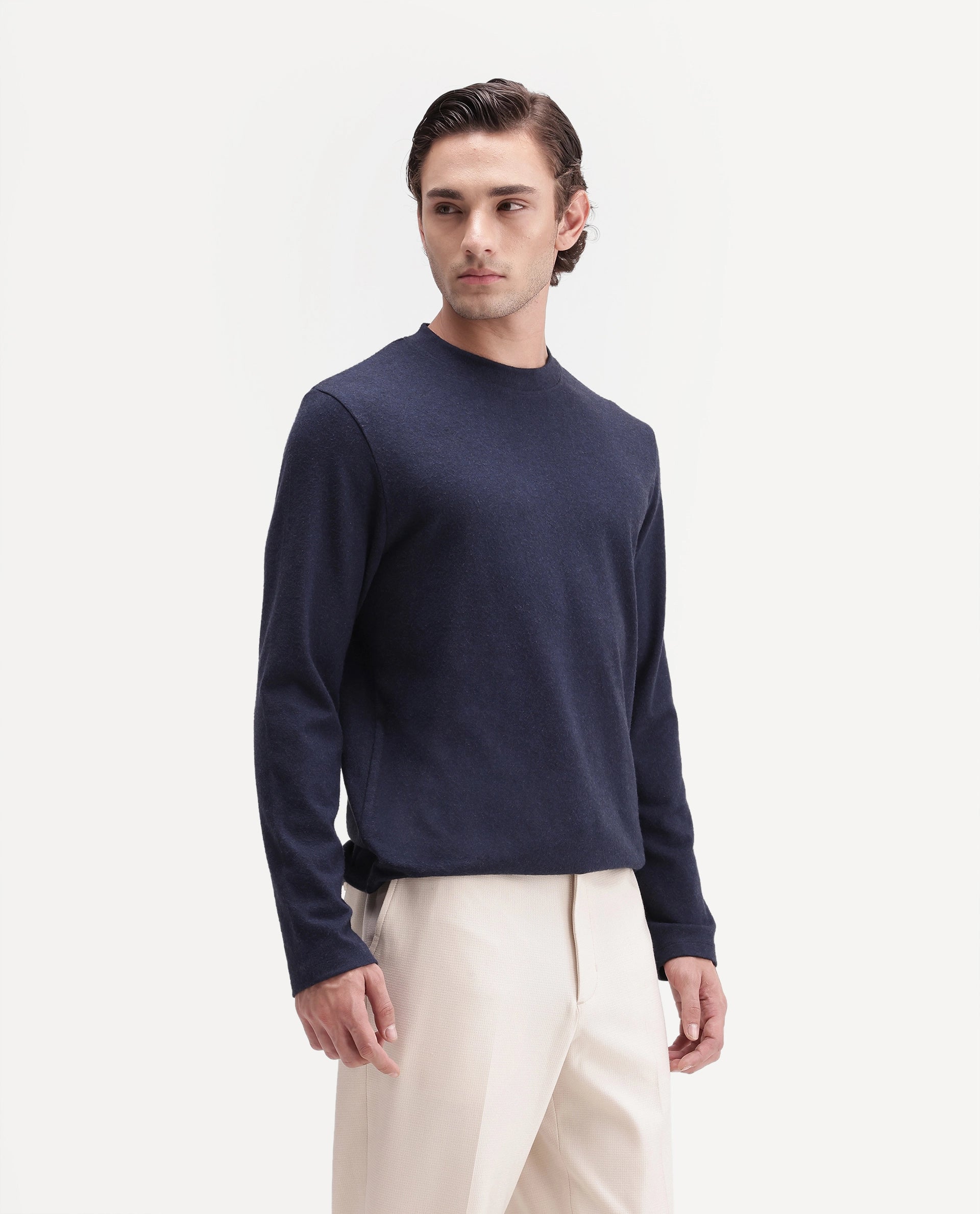 Rare Rabbit Men's Kiki Navy Polyester Blend Crew Neck Regular Plain T-Shirt