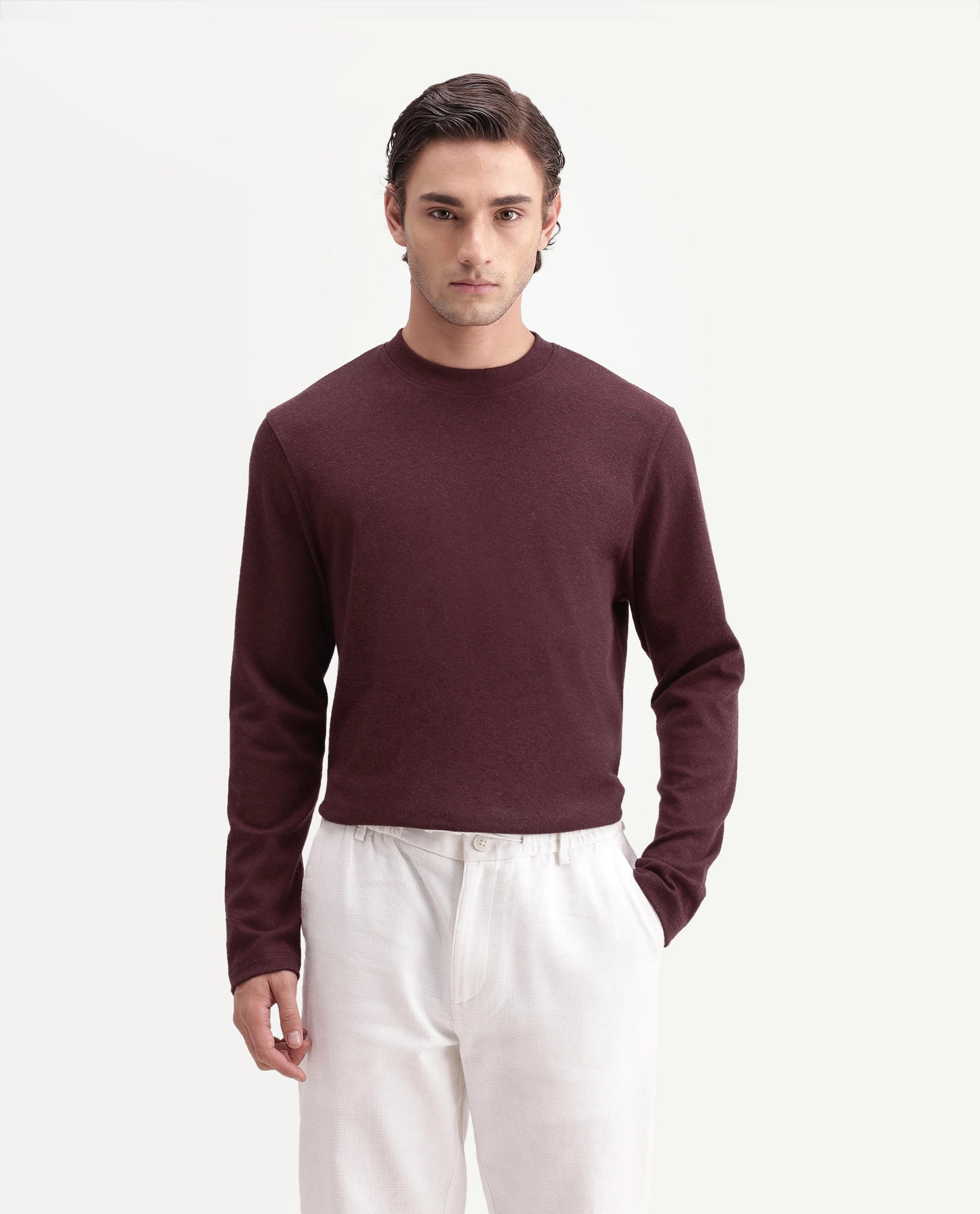 Rare Rabbit Men's Kiki Dark Red Polyester Blend Crew Neck Regular Plain T-Shirt