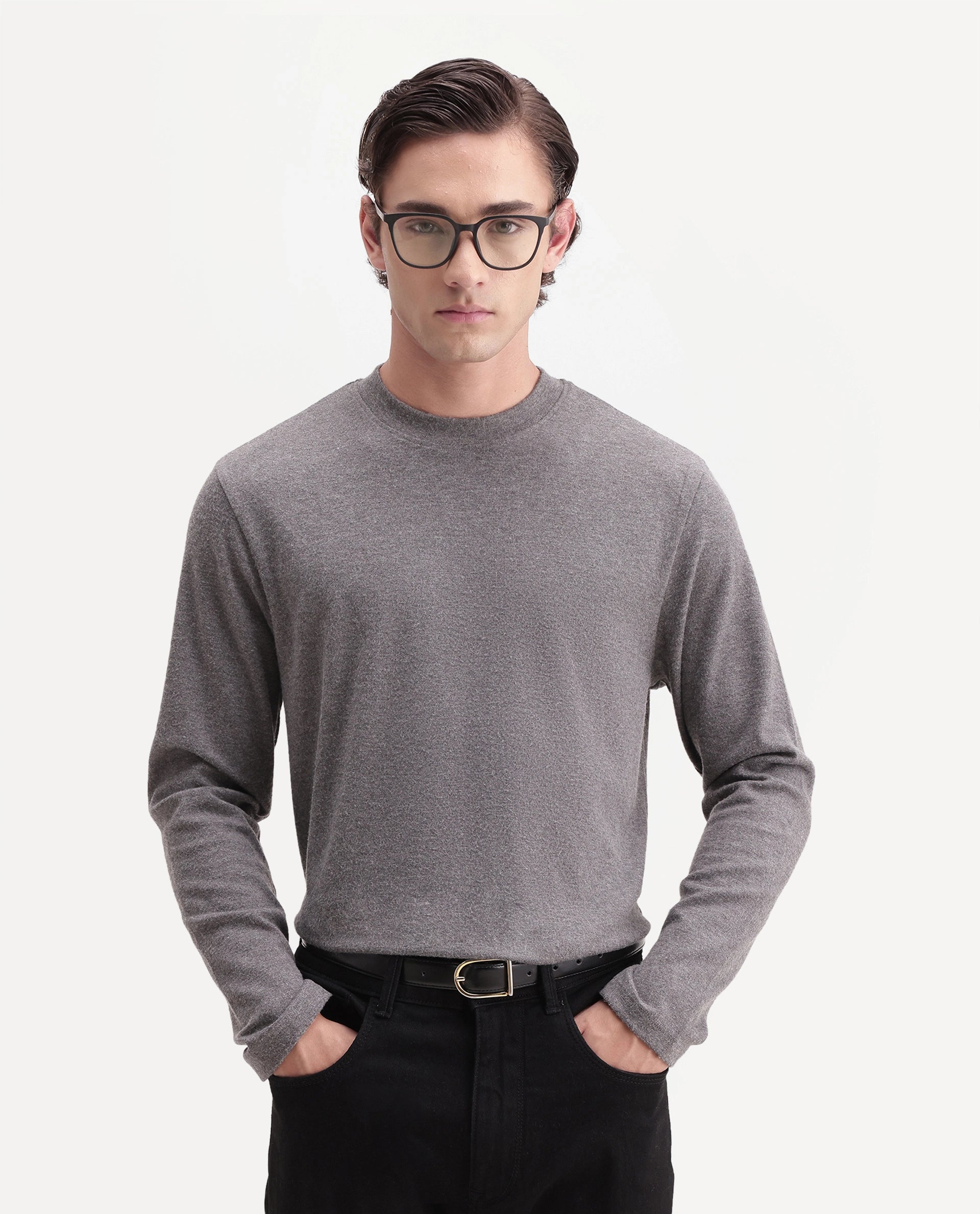 Rare Rabbit Men's Kiki Light Grey Polyester Blend Crew Neck Regular Plain T-Shirt