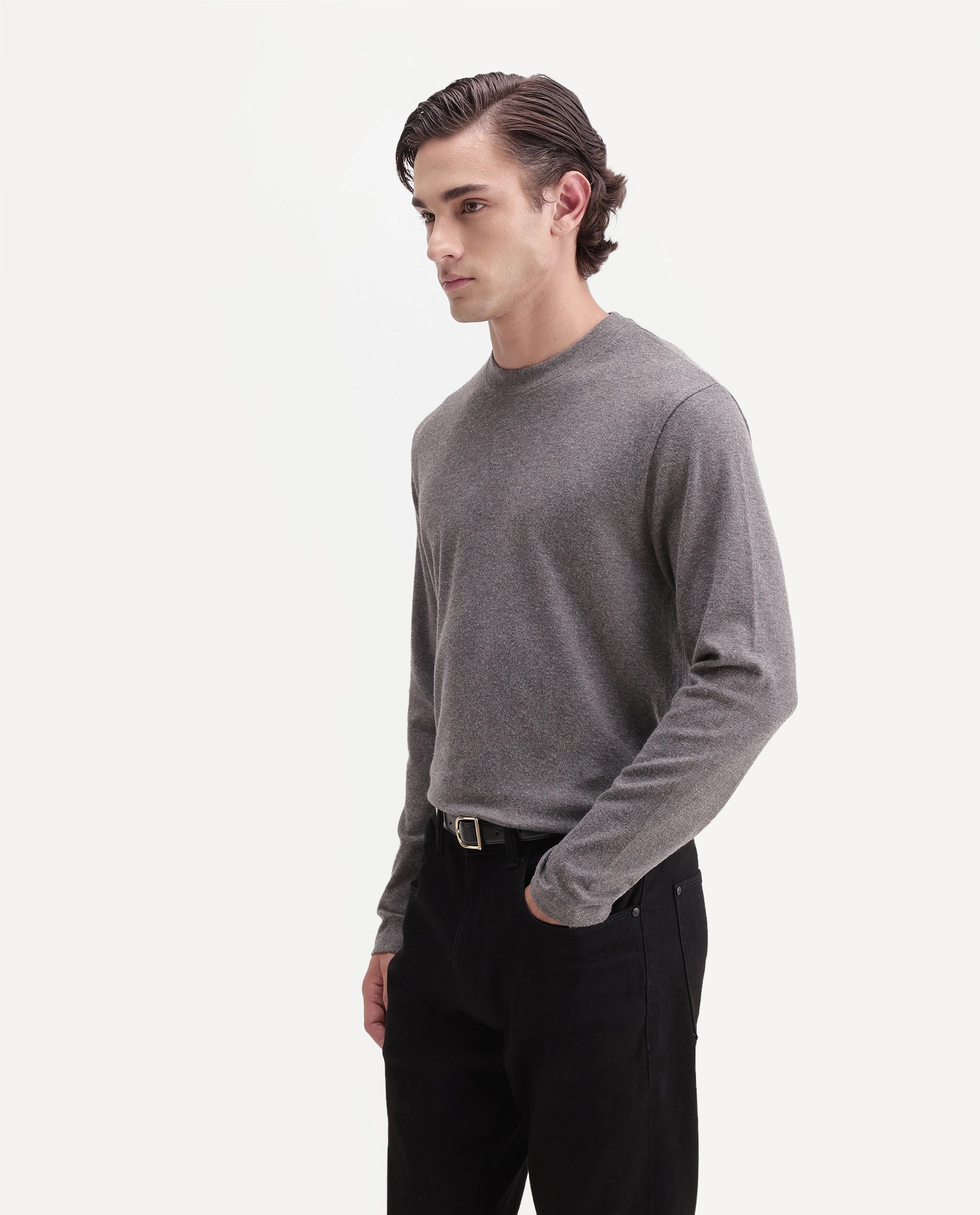 Rare Rabbit Men's Kiki Light Grey Polyester Blend Crew Neck Regular Plain T-Shirt