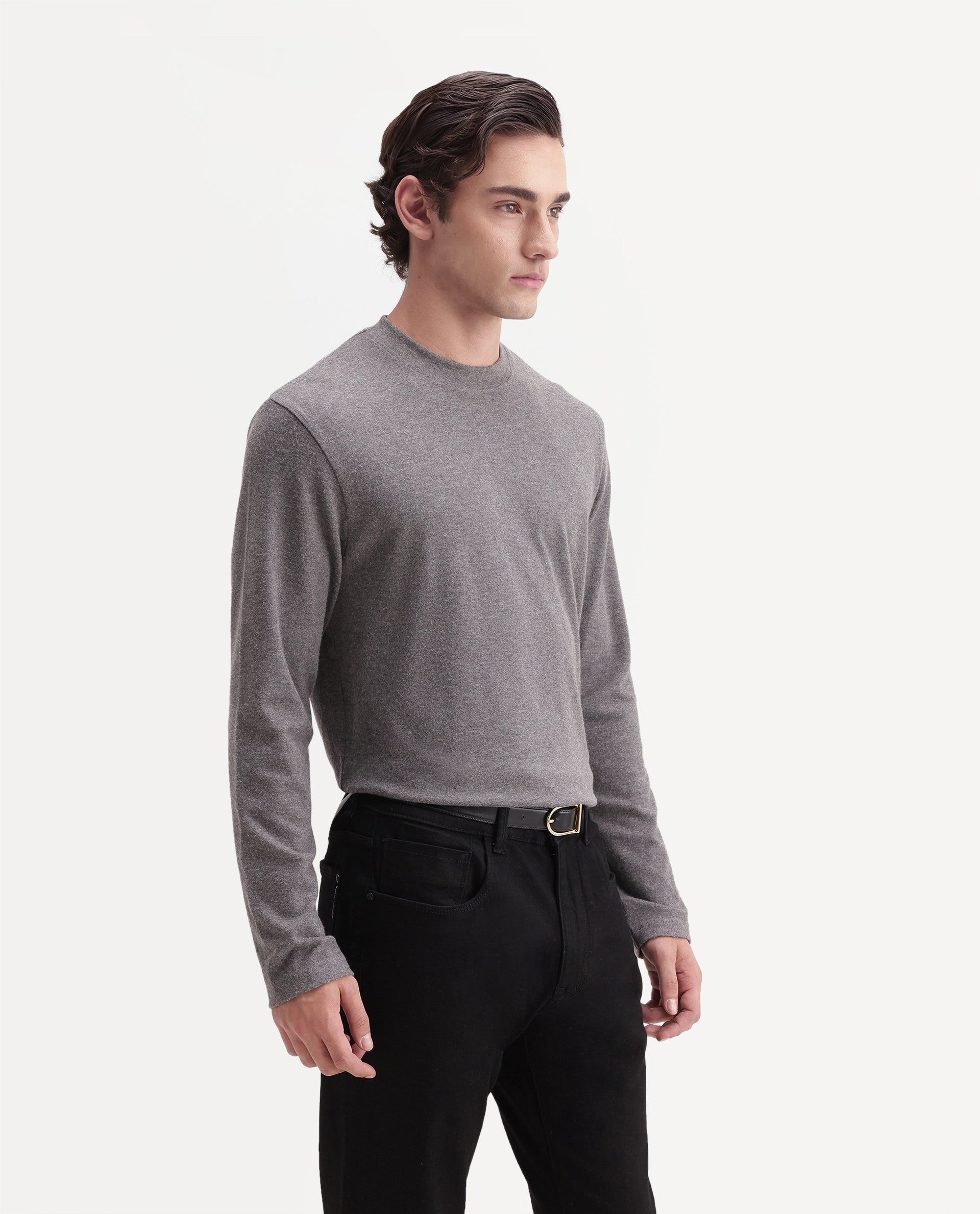Rare Rabbit Men's Kiki Light Grey Polyester Blend Crew Neck Regular Plain T-Shirt