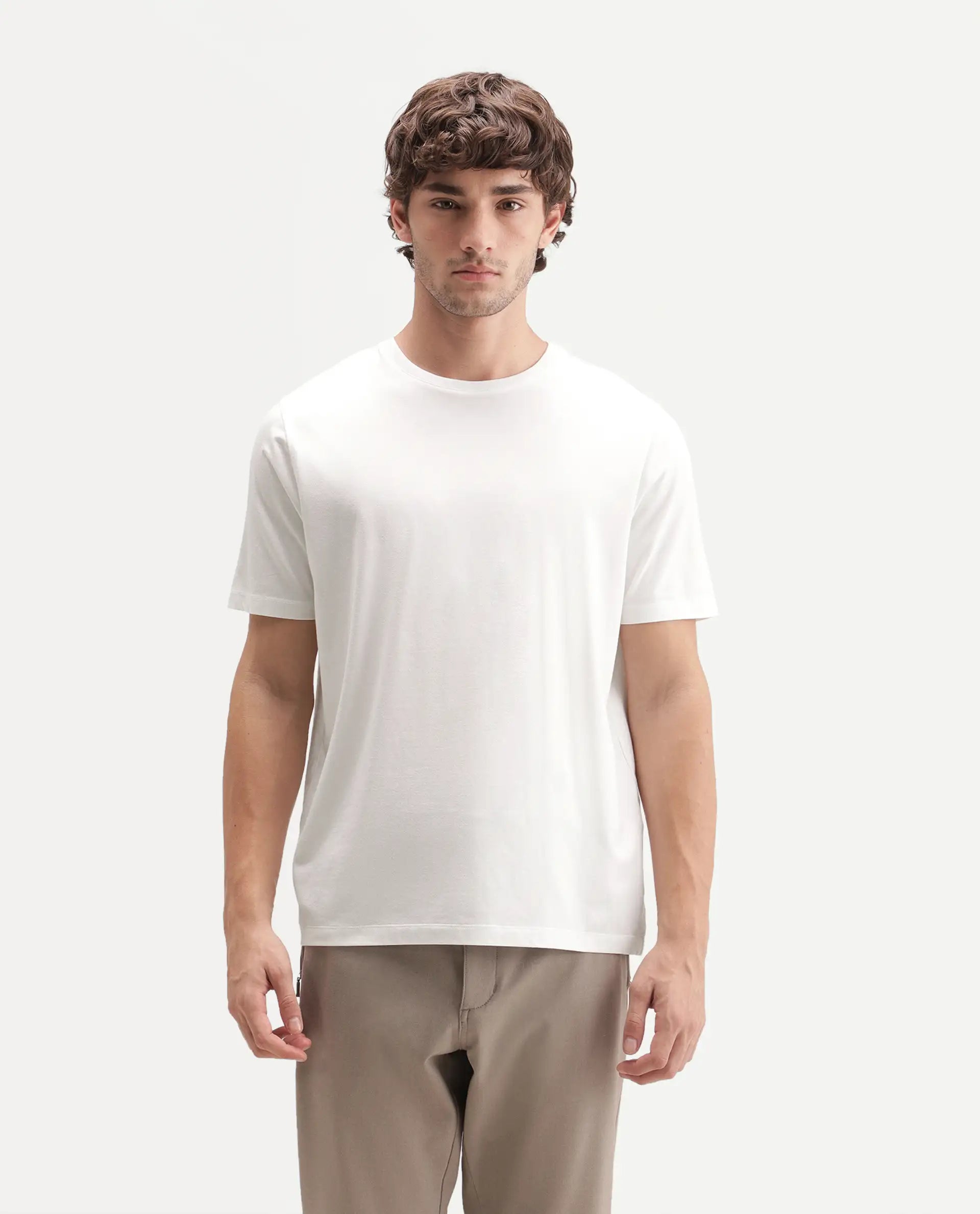 Rare Rabbit Men's Veltra-A26 Primary White Cotton Blend Crew Neck Regular Plain T-Shirt