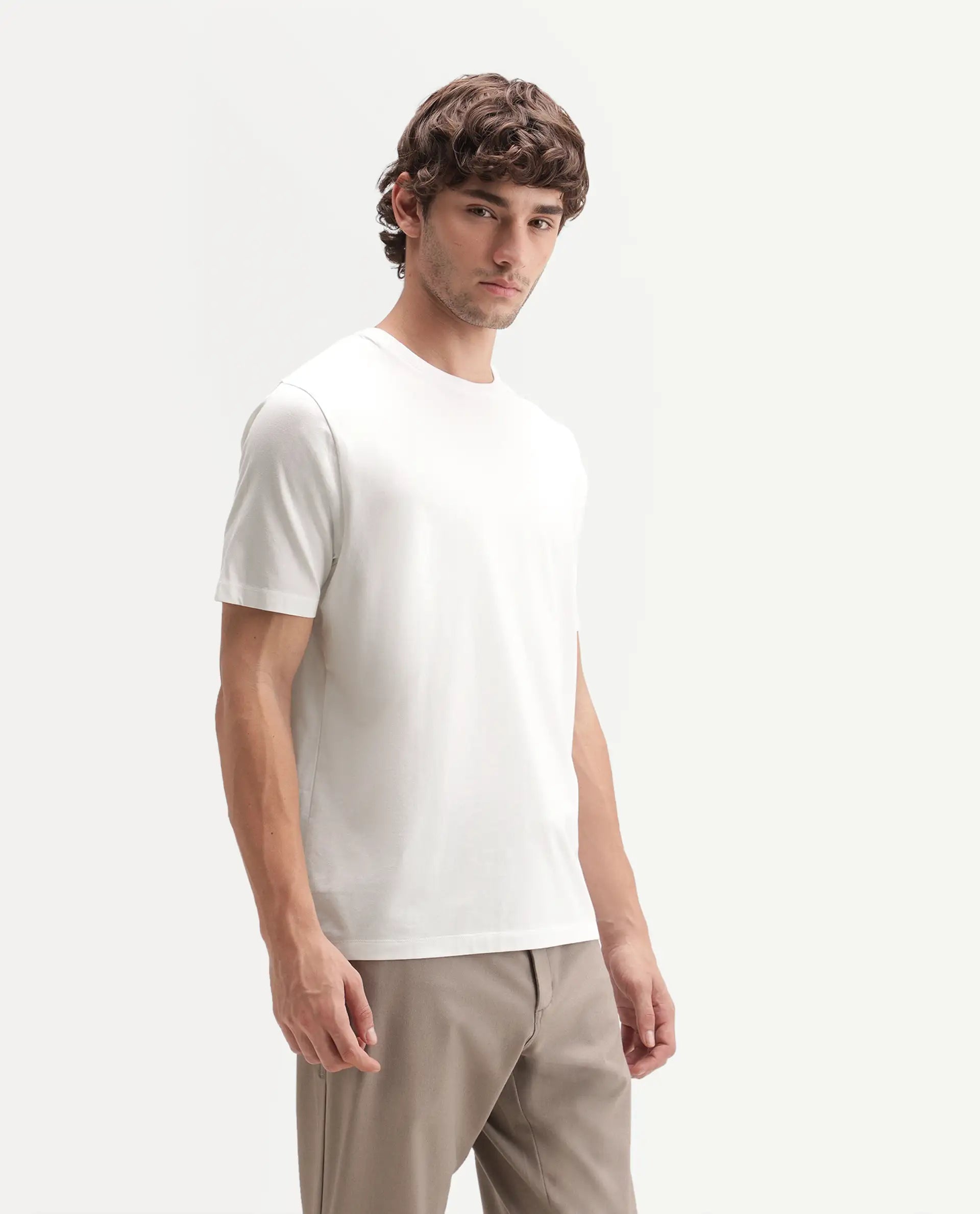 Rare Rabbit Men's Veltra-A26 Primary White Cotton Blend Crew Neck Regular Plain T-Shirt