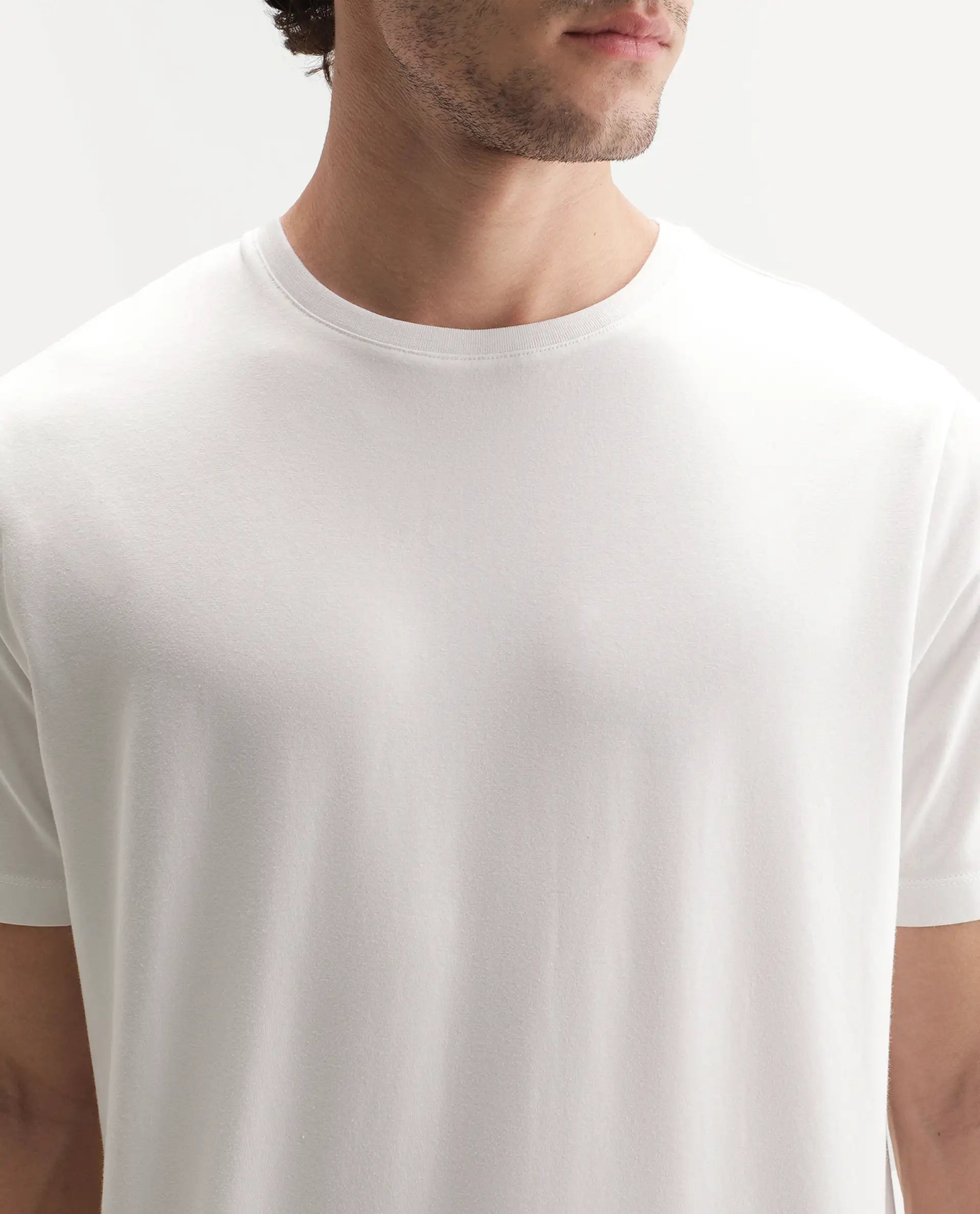 Rare Rabbit Men's Veltra-A26 Primary White Cotton Blend Crew Neck Regular Plain T-Shirt