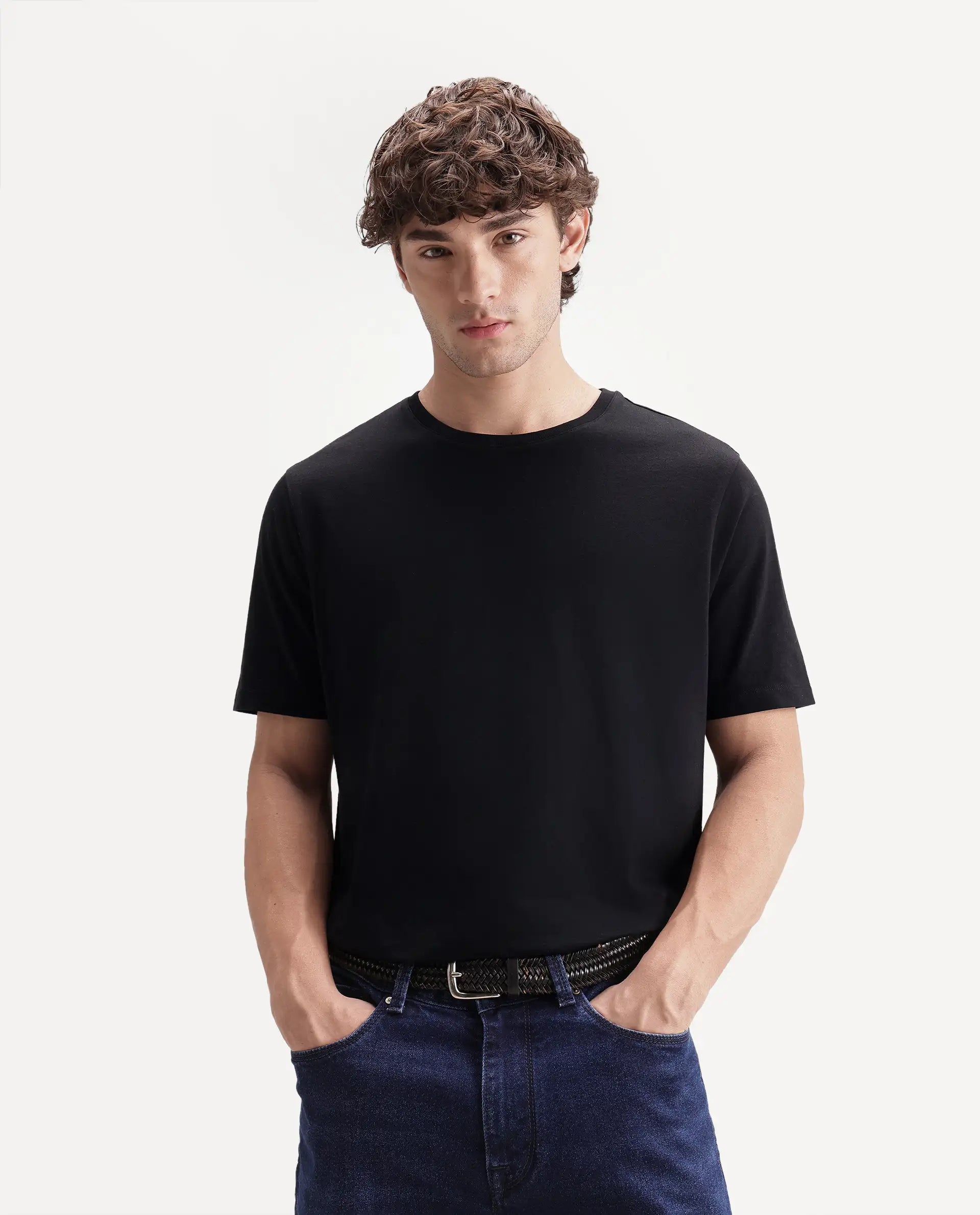 Rare Rabbit Men's Veltra-A26 Primary Black Cotton Blend Crew Neck Regular Plain T-Shirt