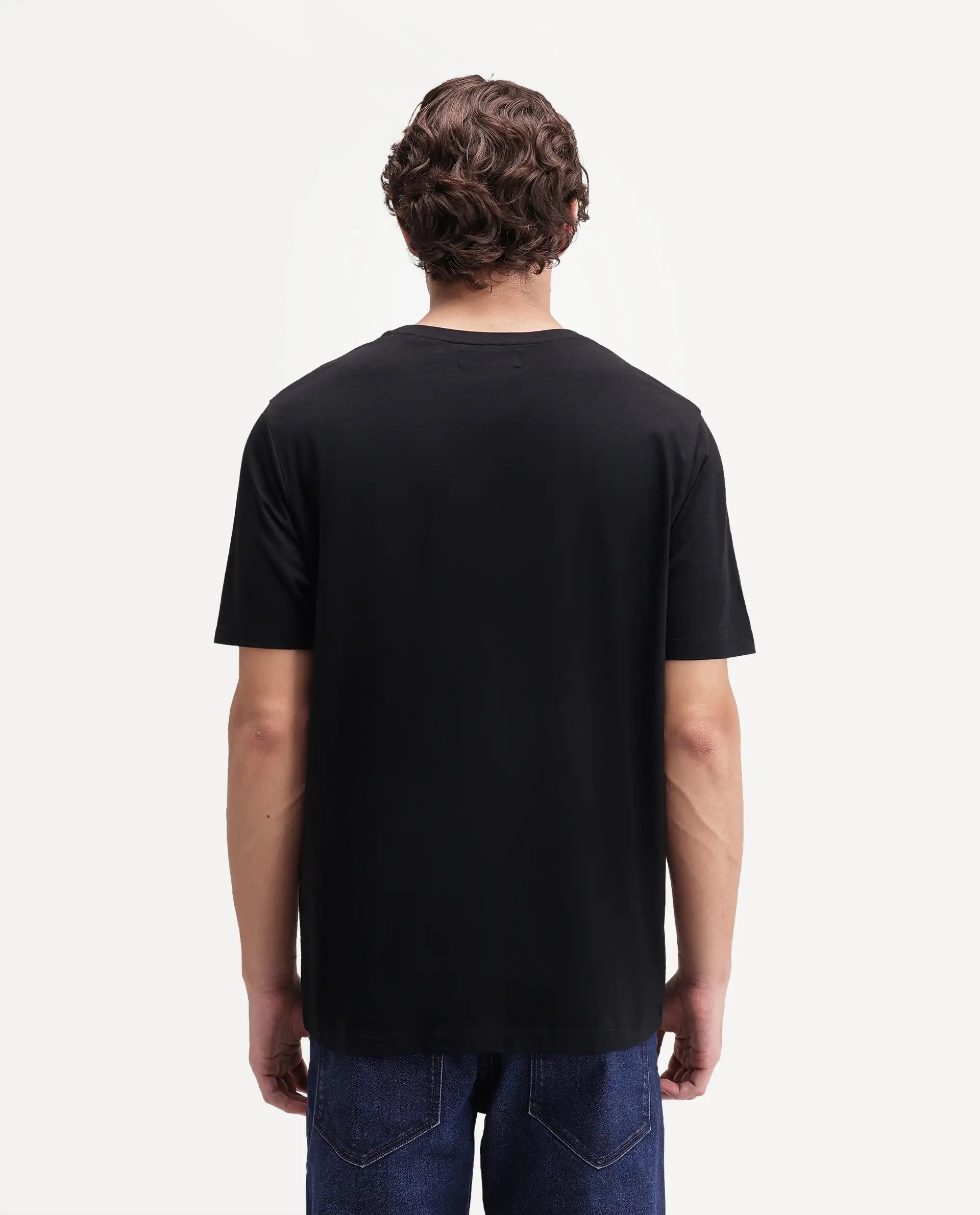 Rare Rabbit Men's Veltra-A26 Primary Black Cotton Blend Crew Neck Regular Plain T-Shirt