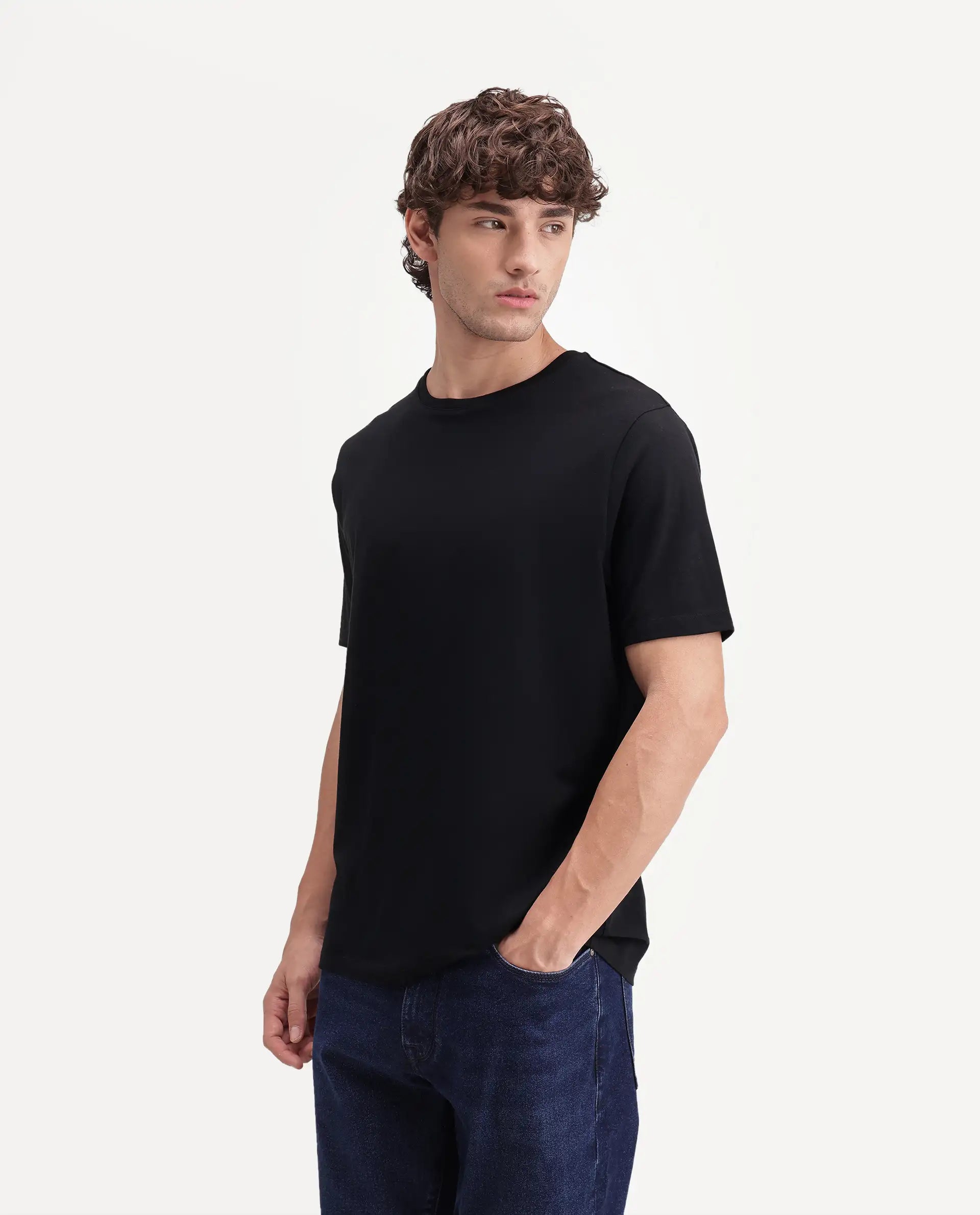 Rare Rabbit Men's Veltra-A26 Primary Black Cotton Blend Crew Neck Regular Plain T-Shirt