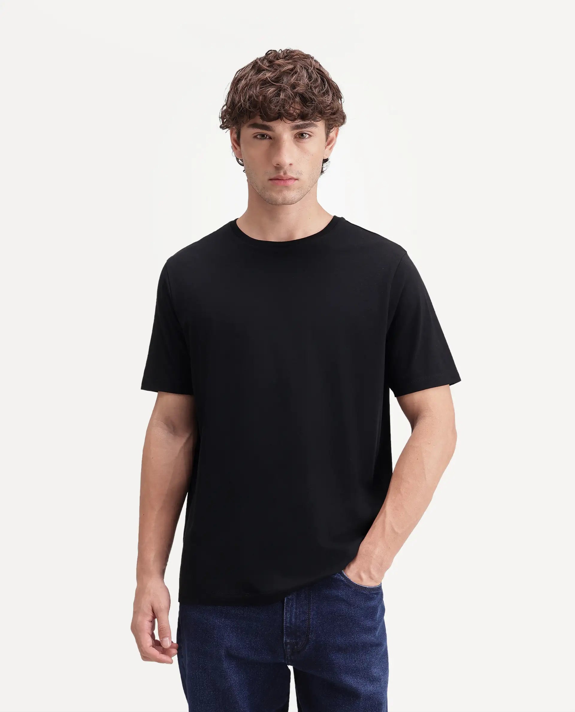Rare Rabbit Men's Veltra-A26 Primary Black Cotton Blend Crew Neck Regular Plain T-Shirt