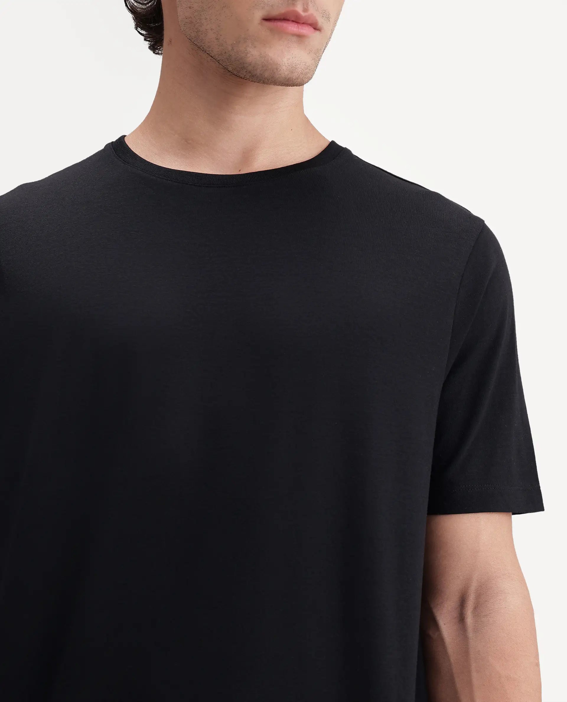 Rare Rabbit Men's Veltra-A26 Primary Black Cotton Blend Crew Neck Regular Plain T-Shirt