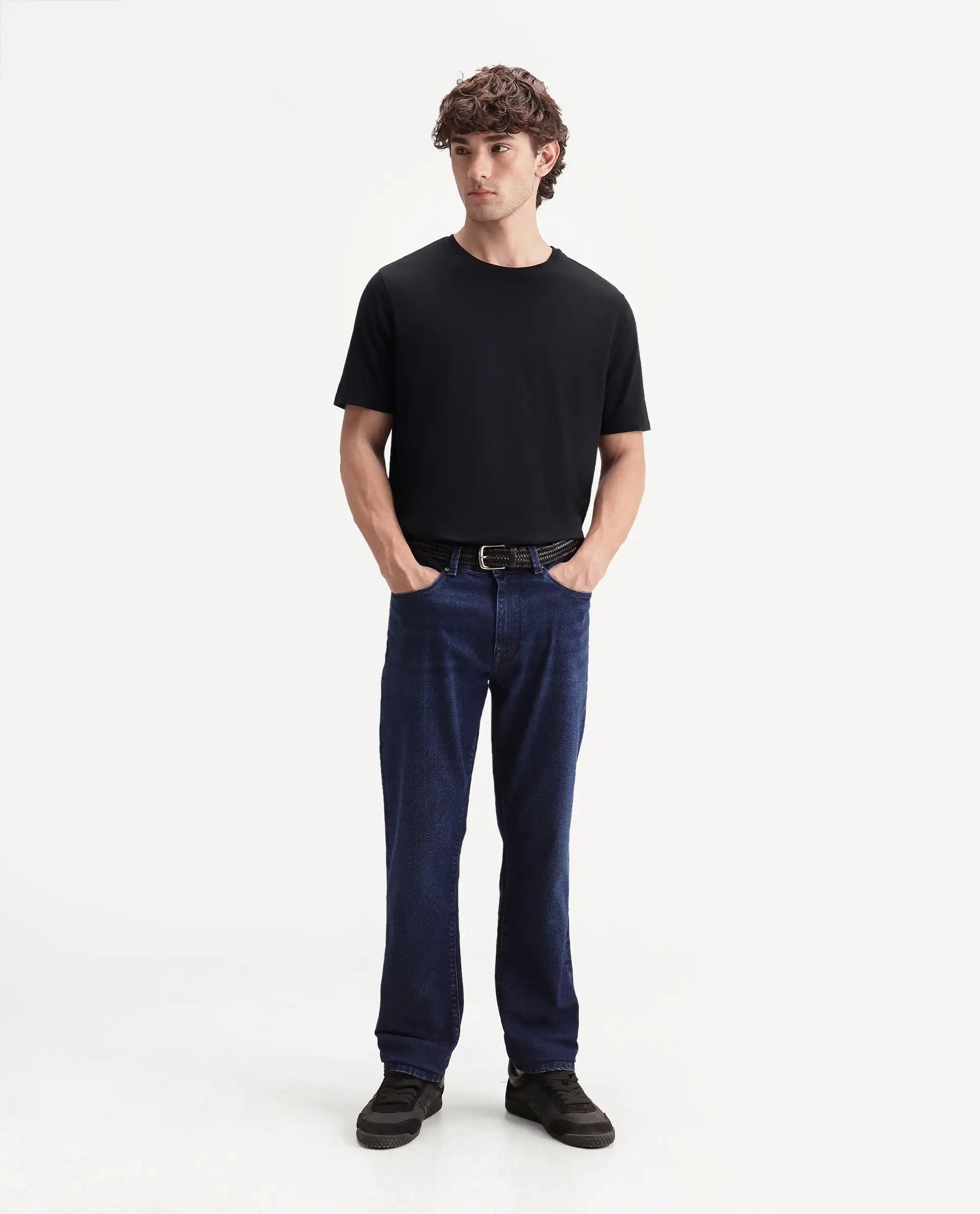 Rare Rabbit Men's Veltra-A26 Primary Black Cotton Blend Crew Neck Regular Plain T-Shirt