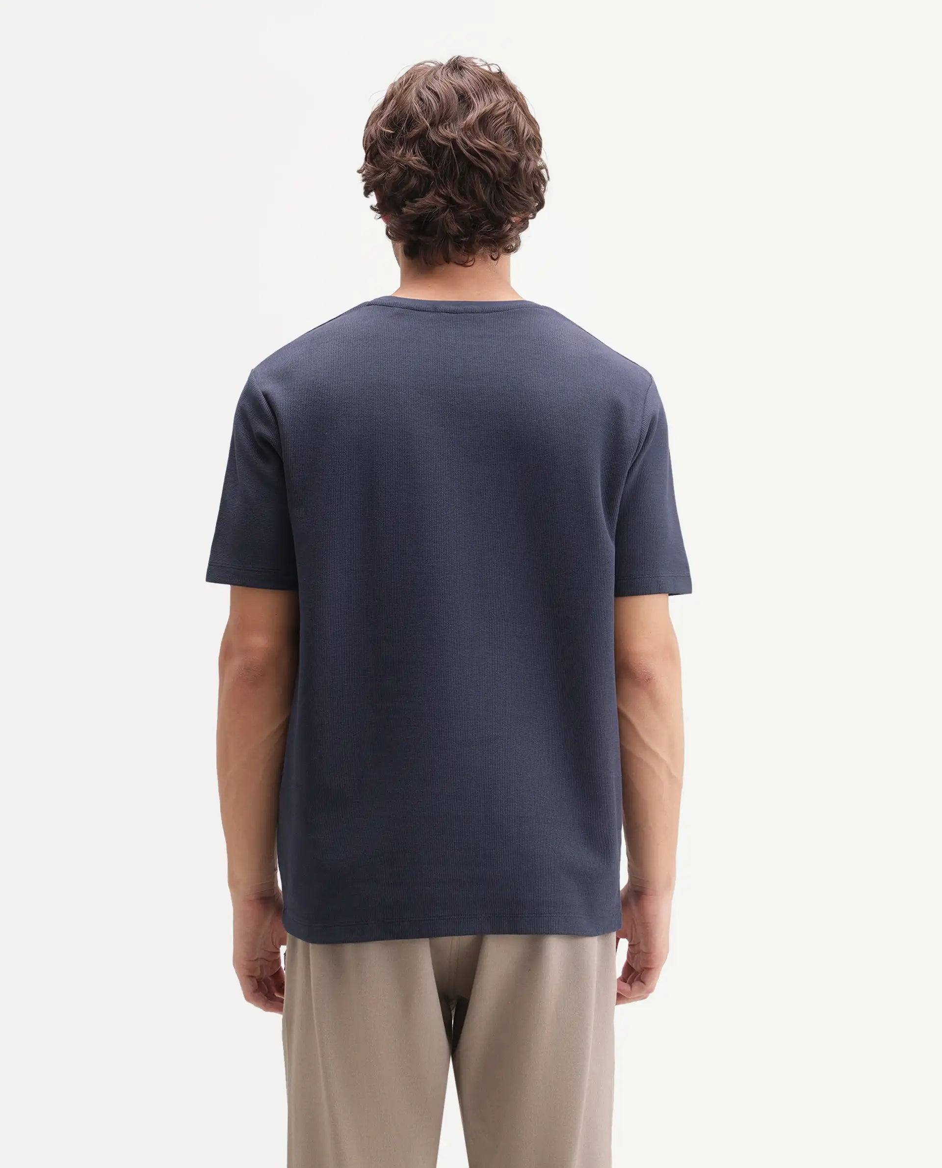Rare Rabbit Men's Luon Navy Cotton Crew Neck Regular Plain T-Shirt