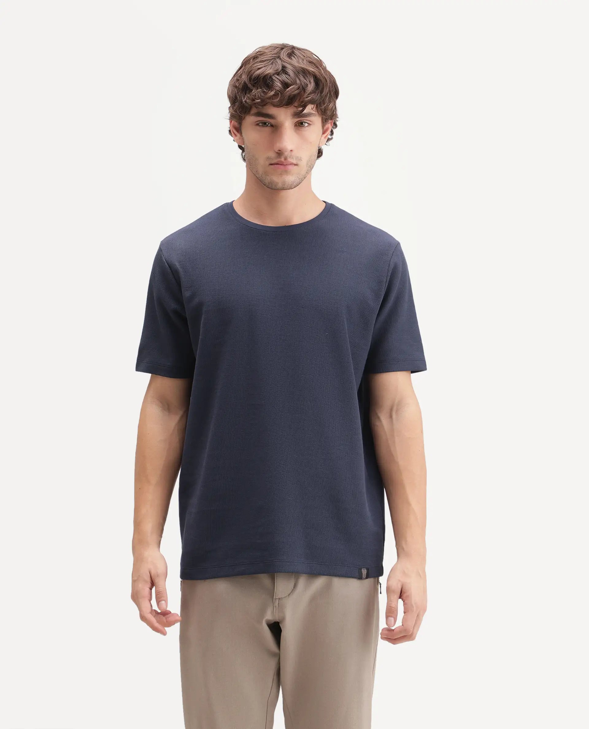 Rare Rabbit Men's Luon Navy Cotton Crew Neck Regular Plain T-Shirt
