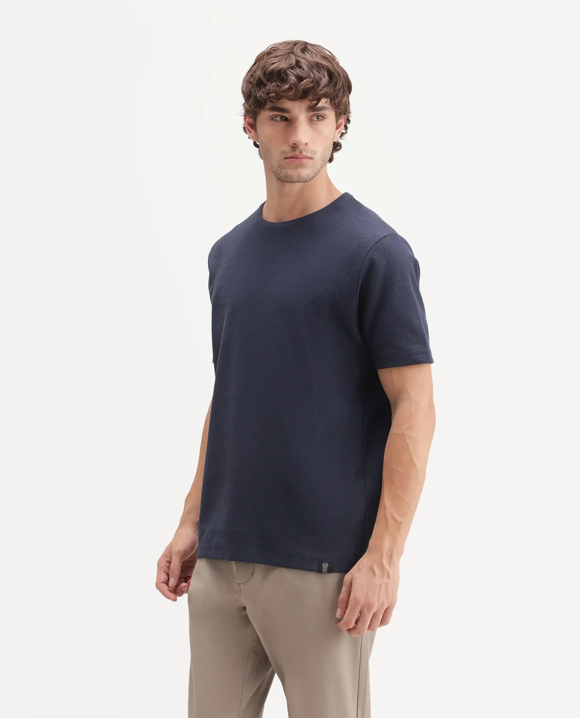 Rare Rabbit Men's Luon Navy Cotton Crew Neck Regular Plain T-Shirt