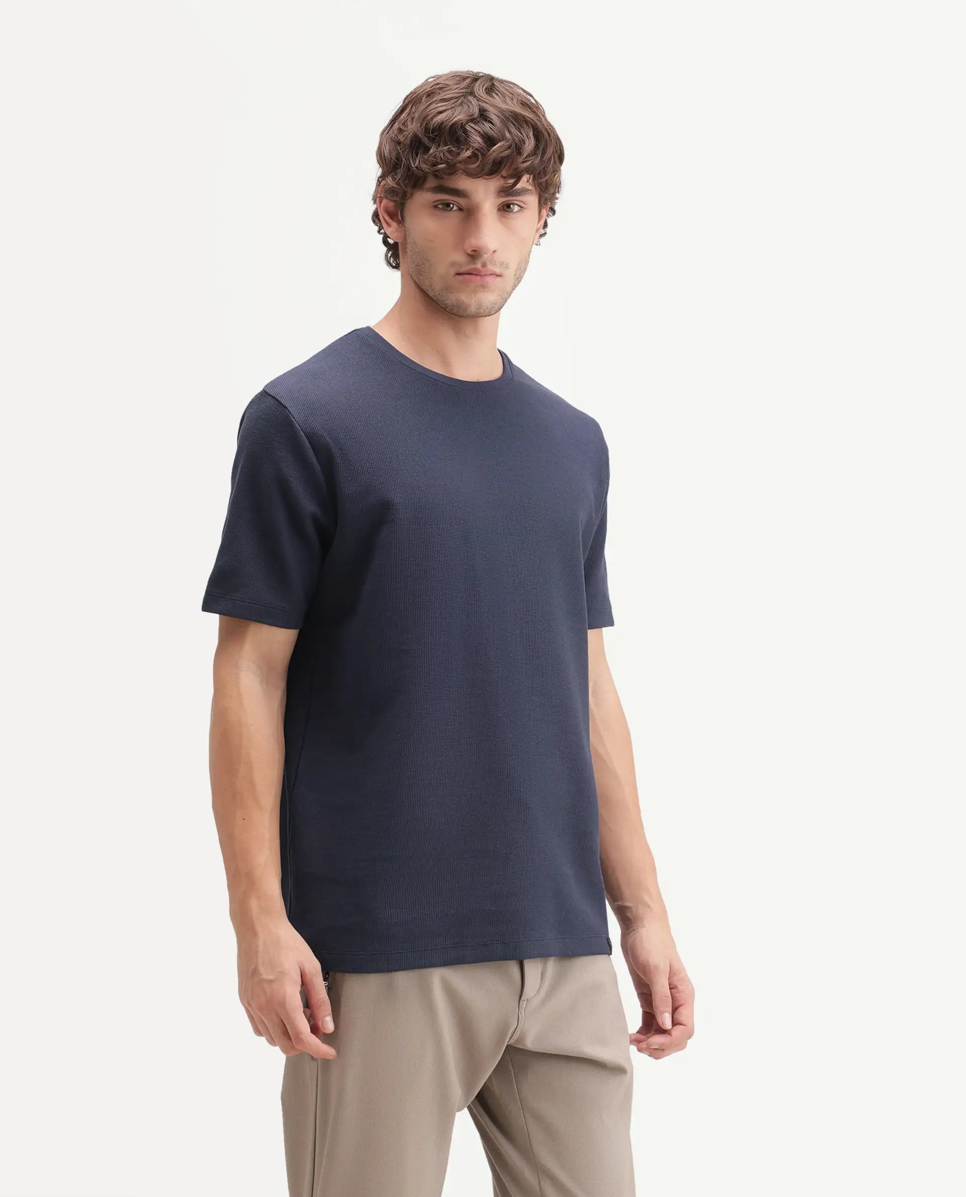 Rare Rabbit Men's Luon Navy Cotton Crew Neck Regular Plain T-Shirt