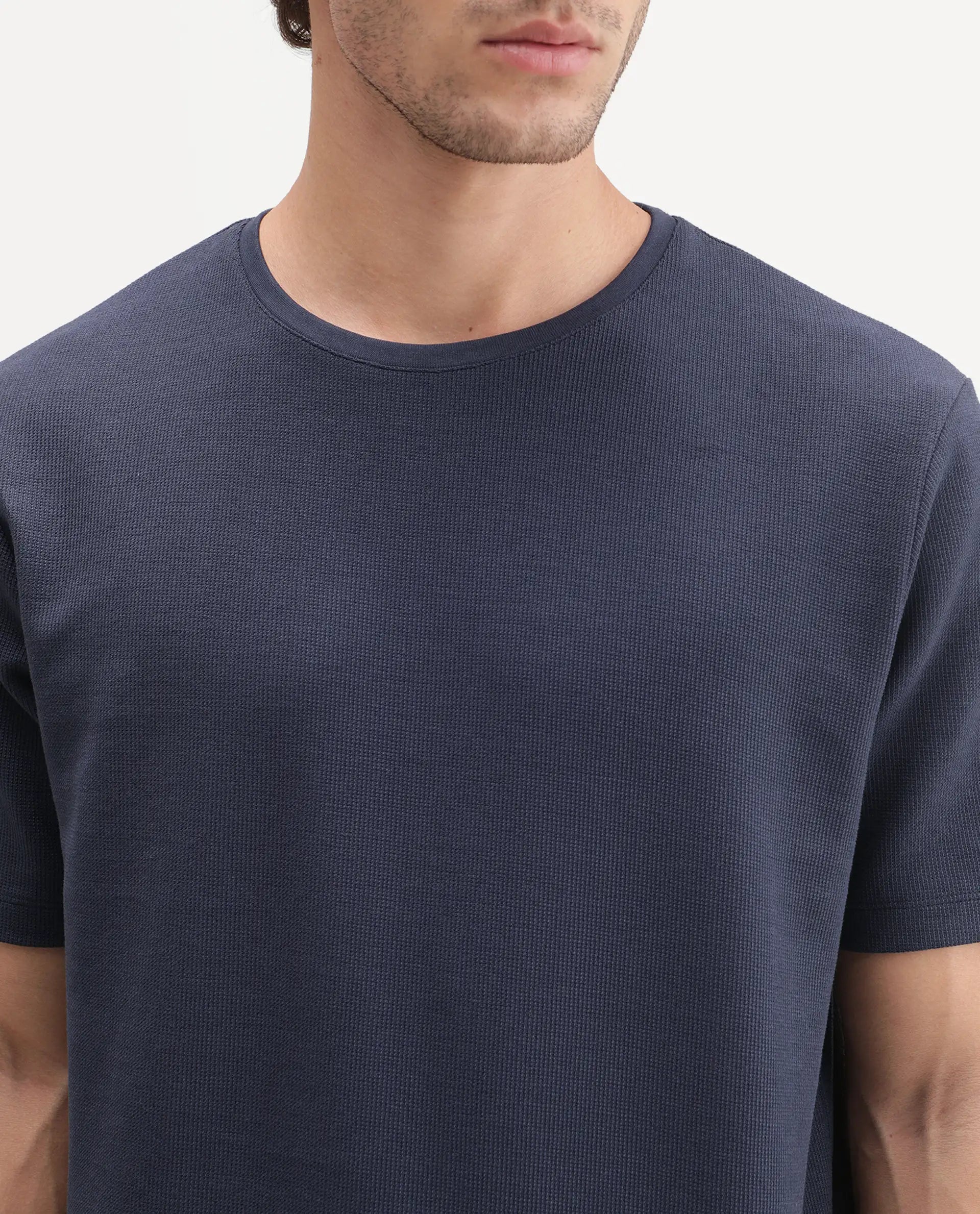 Rare Rabbit Men's Luon Navy Cotton Crew Neck Regular Plain T-Shirt