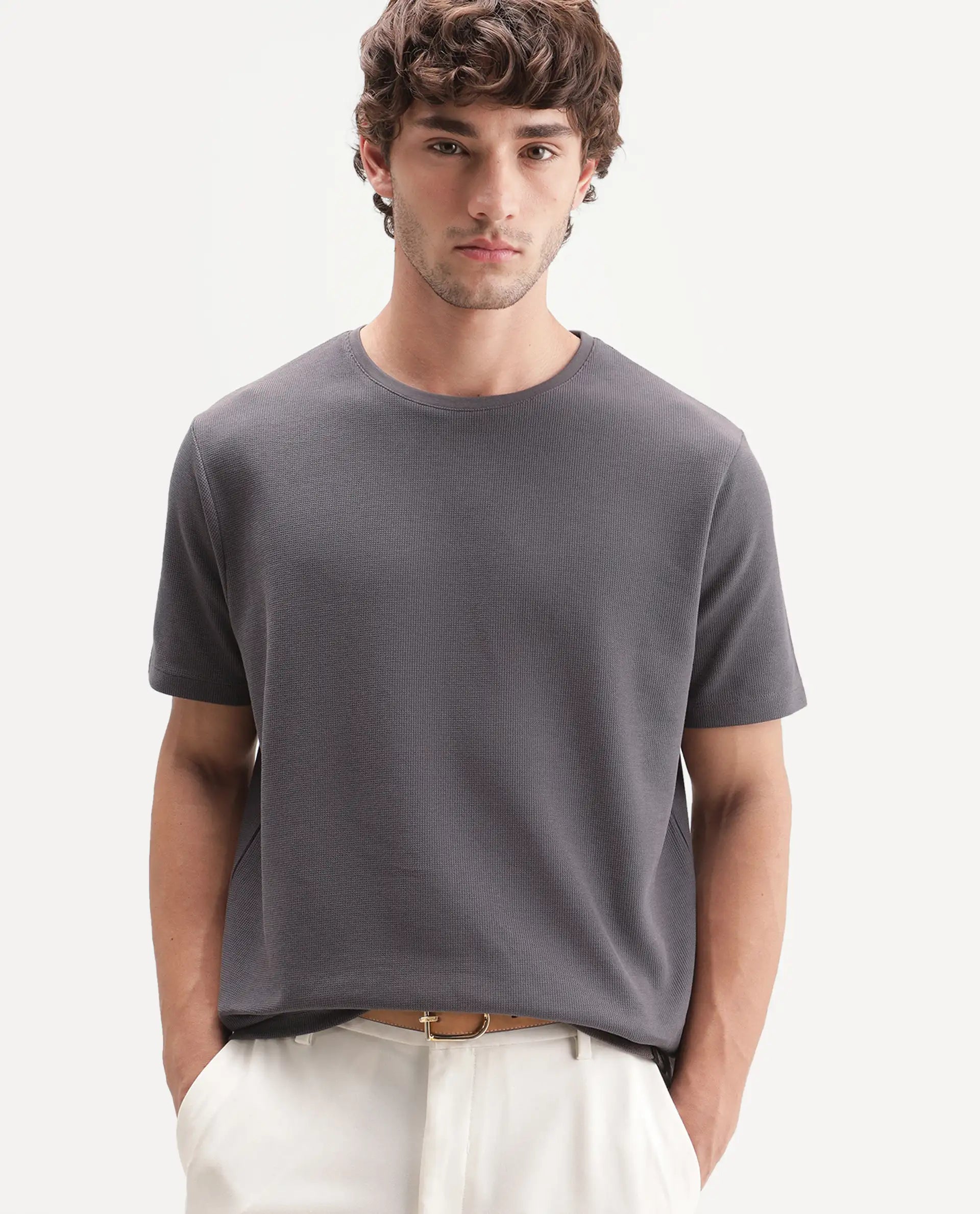 Rare Rabbit Men's Luon Dusky Brown Cotton Crew Neck Regular Plain T-Shirt