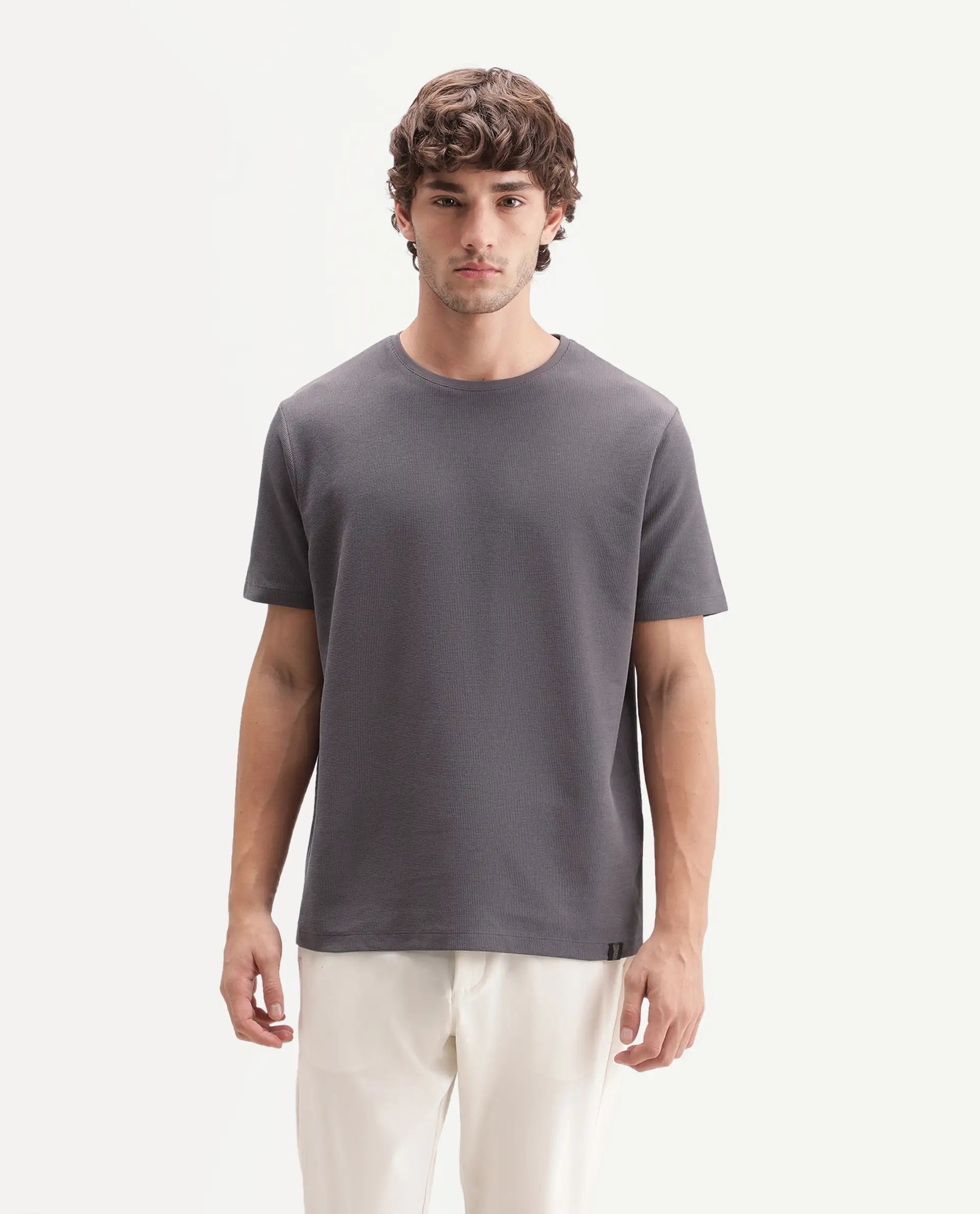 Rare Rabbit Men's Luon Dusky Brown Cotton Crew Neck Regular Plain T-Shirt