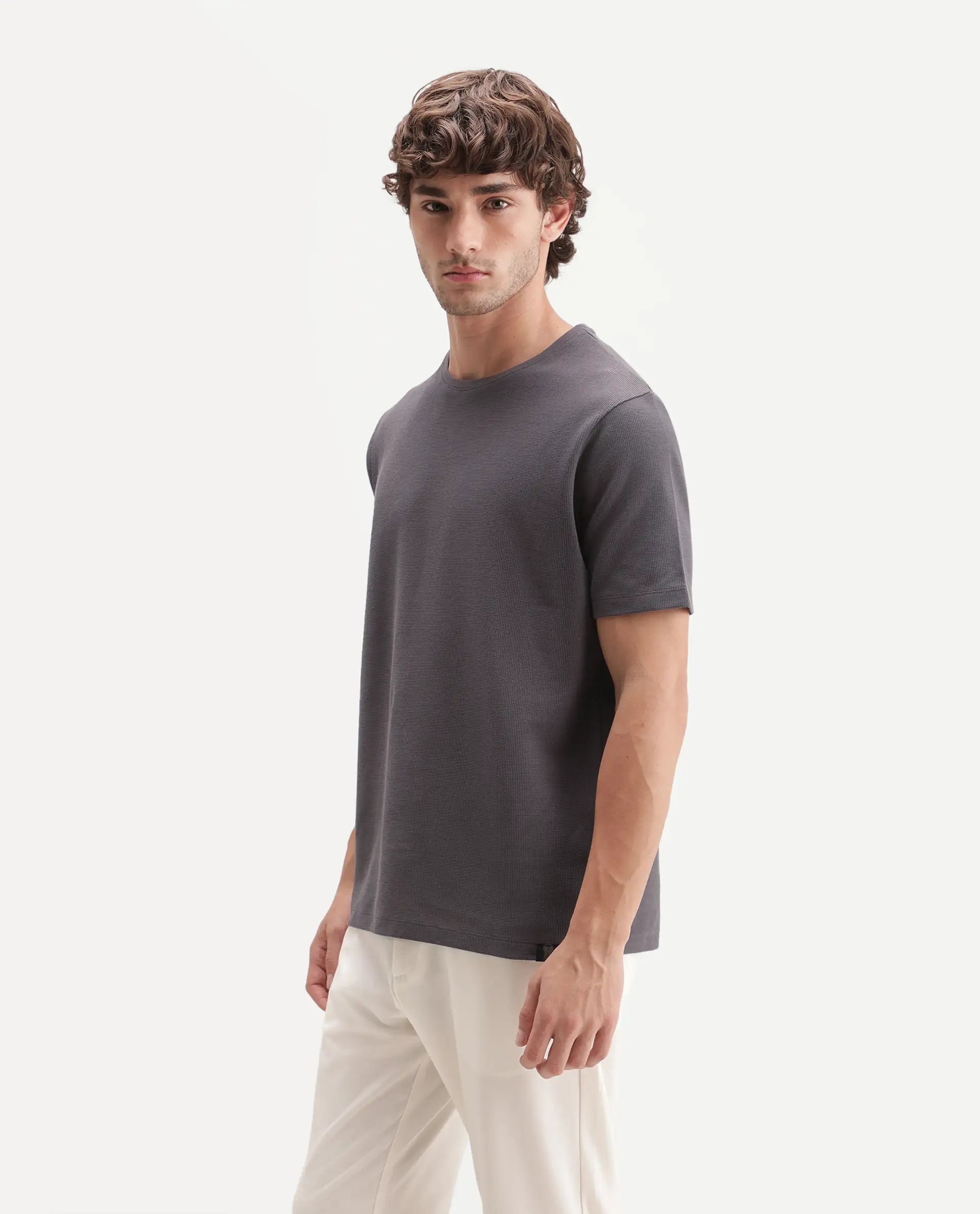 Rare Rabbit Men's Luon Dusky Brown Cotton Crew Neck Regular Plain T-Shirt
