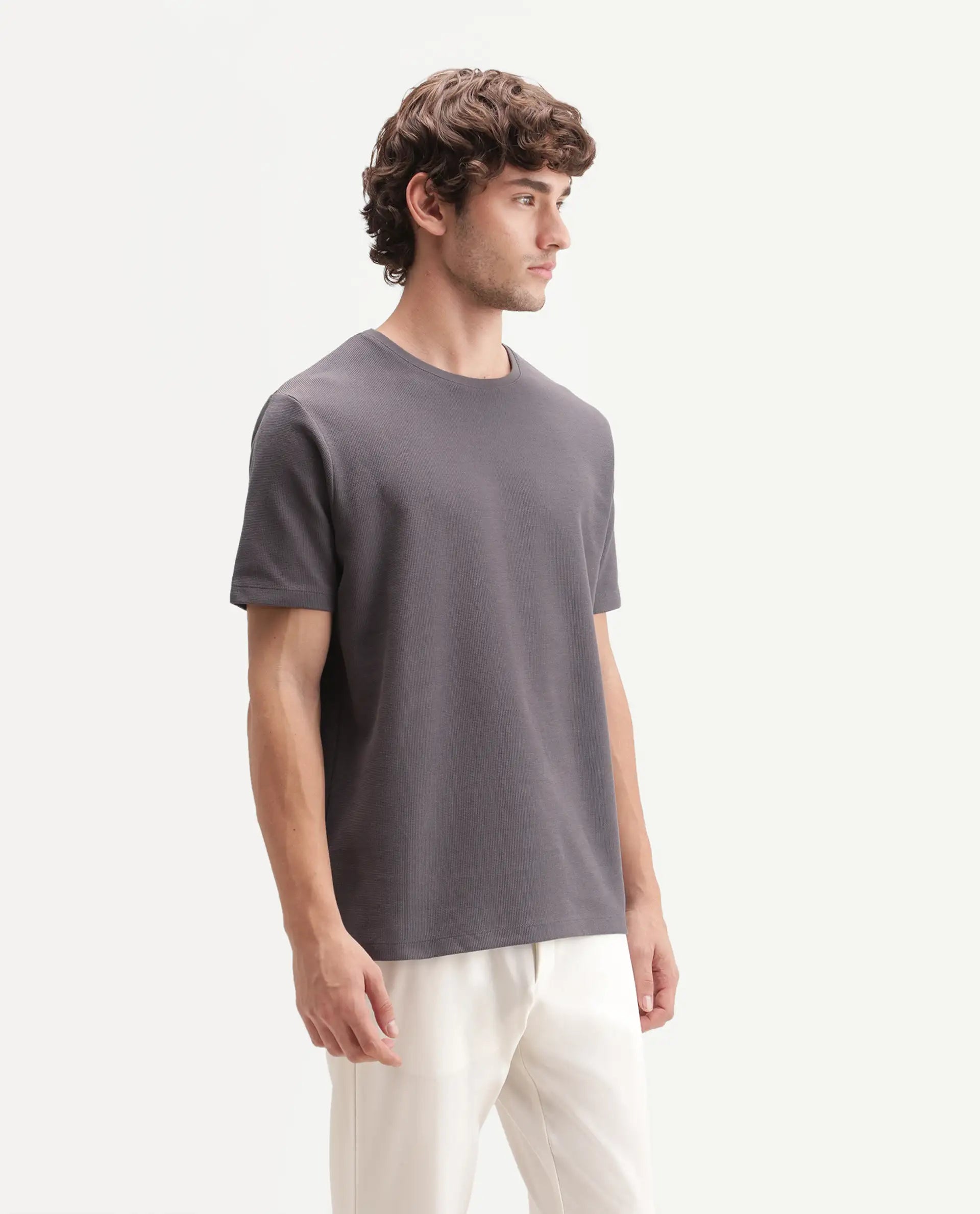 Rare Rabbit Men's Luon Dusky Brown Cotton Crew Neck Regular Plain T-Shirt