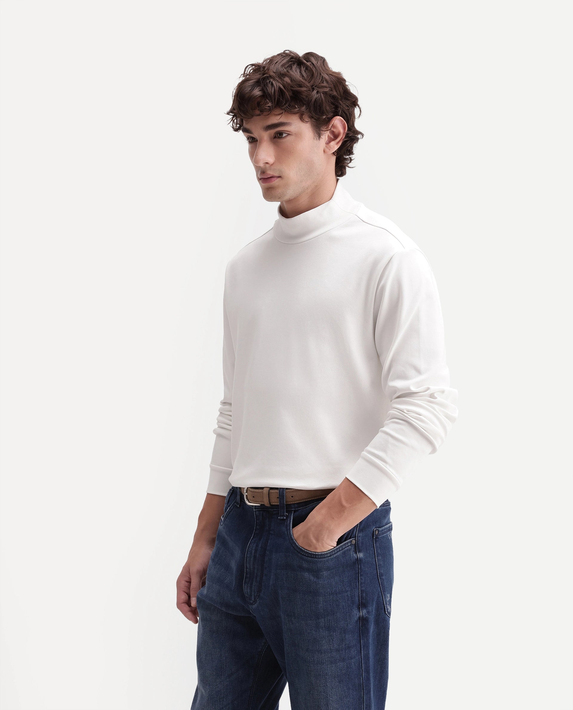 Rare Rabbit Men's Mick-A26 Off White Cotton Blend High Neck Regular Plain T-Shirt