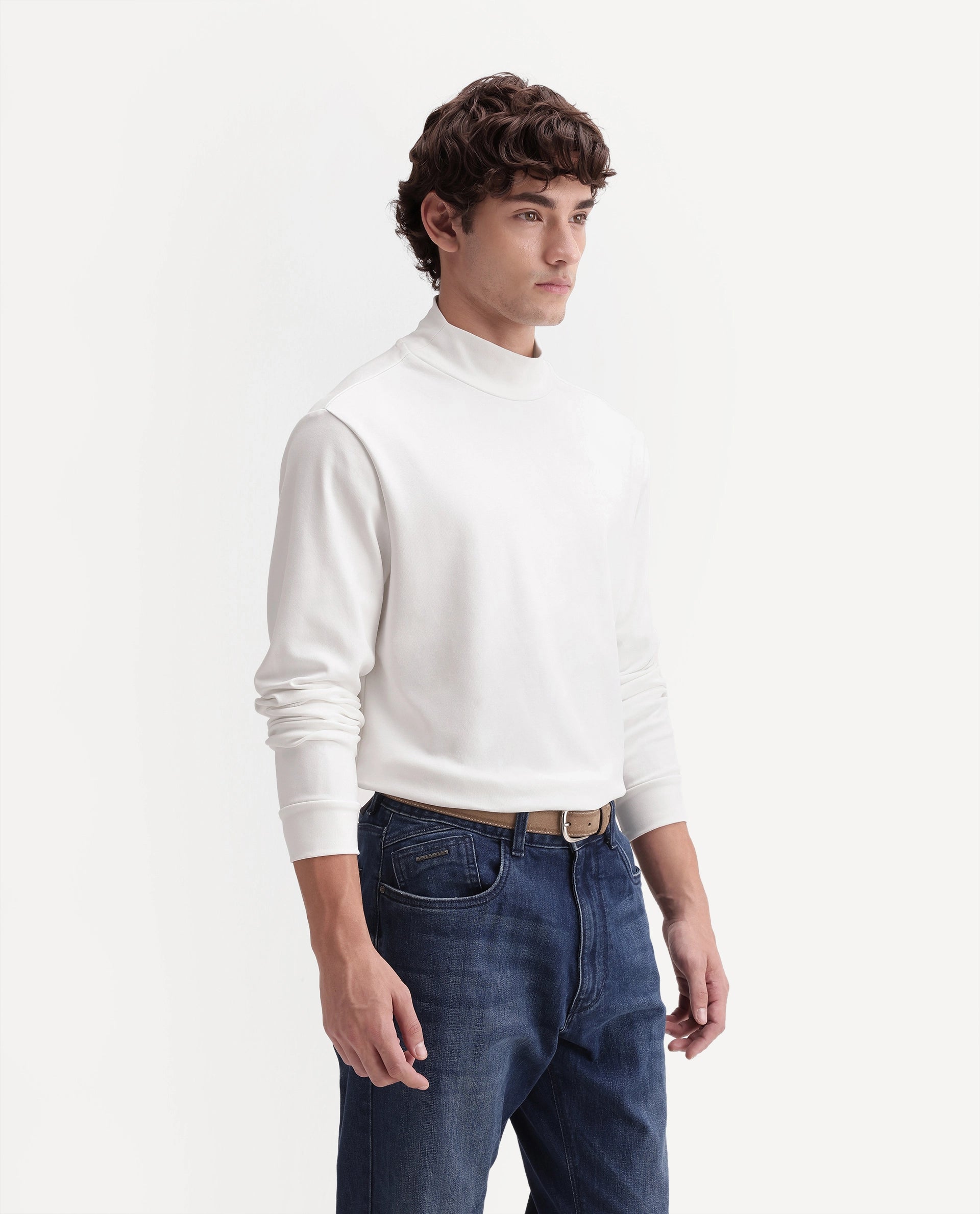 Rare Rabbit Men's Mick-A26 Off White Cotton Blend High Neck Regular Plain T-Shirt