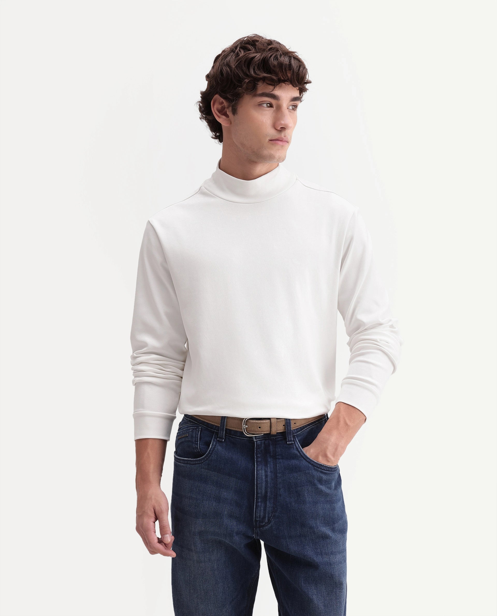 Rare Rabbit Men's Mick-A26 Off White Cotton Blend High Neck Regular Plain T-Shirt
