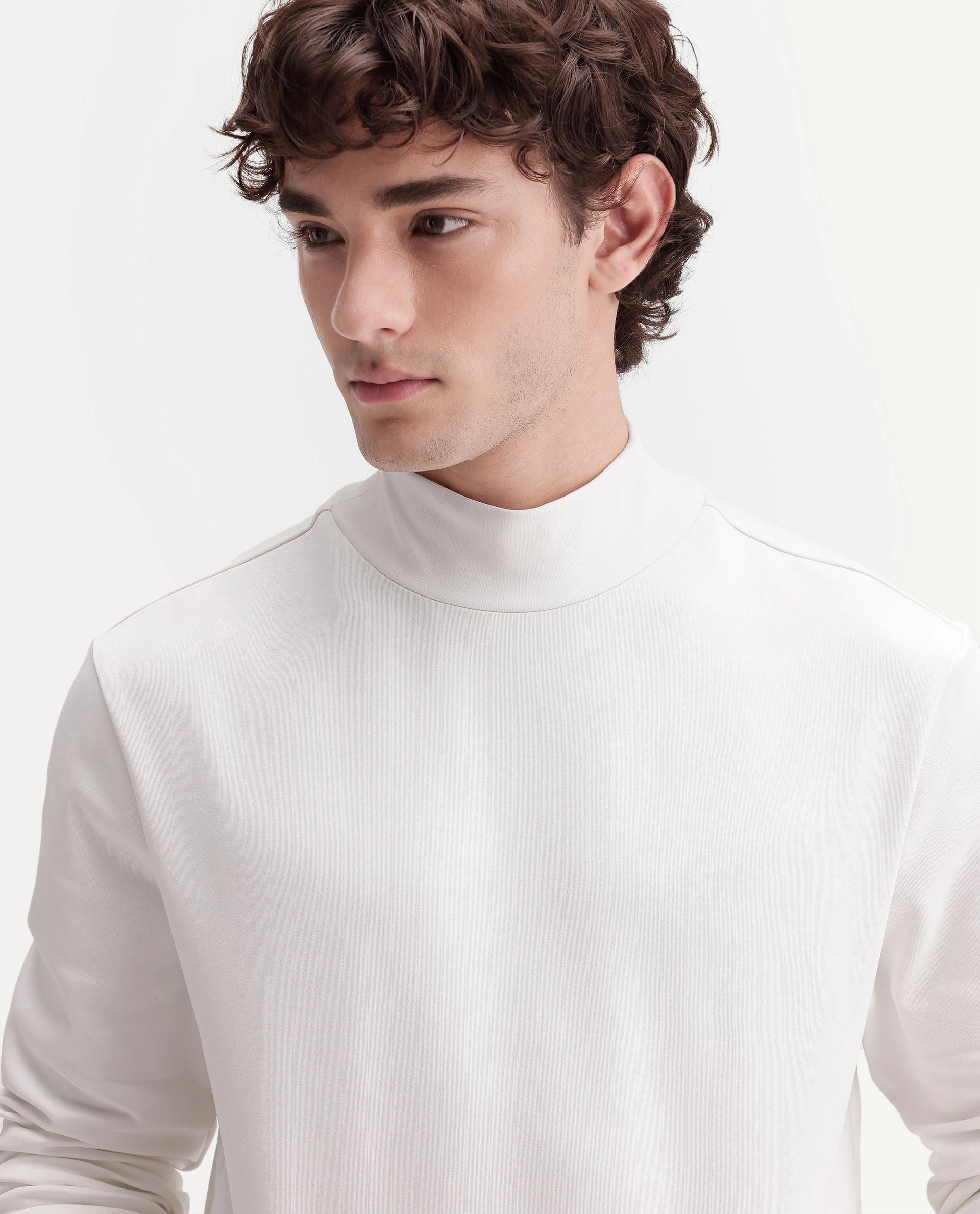 Rare Rabbit Men's Mick-A26 Off White Cotton Blend High Neck Regular Plain T-Shirt