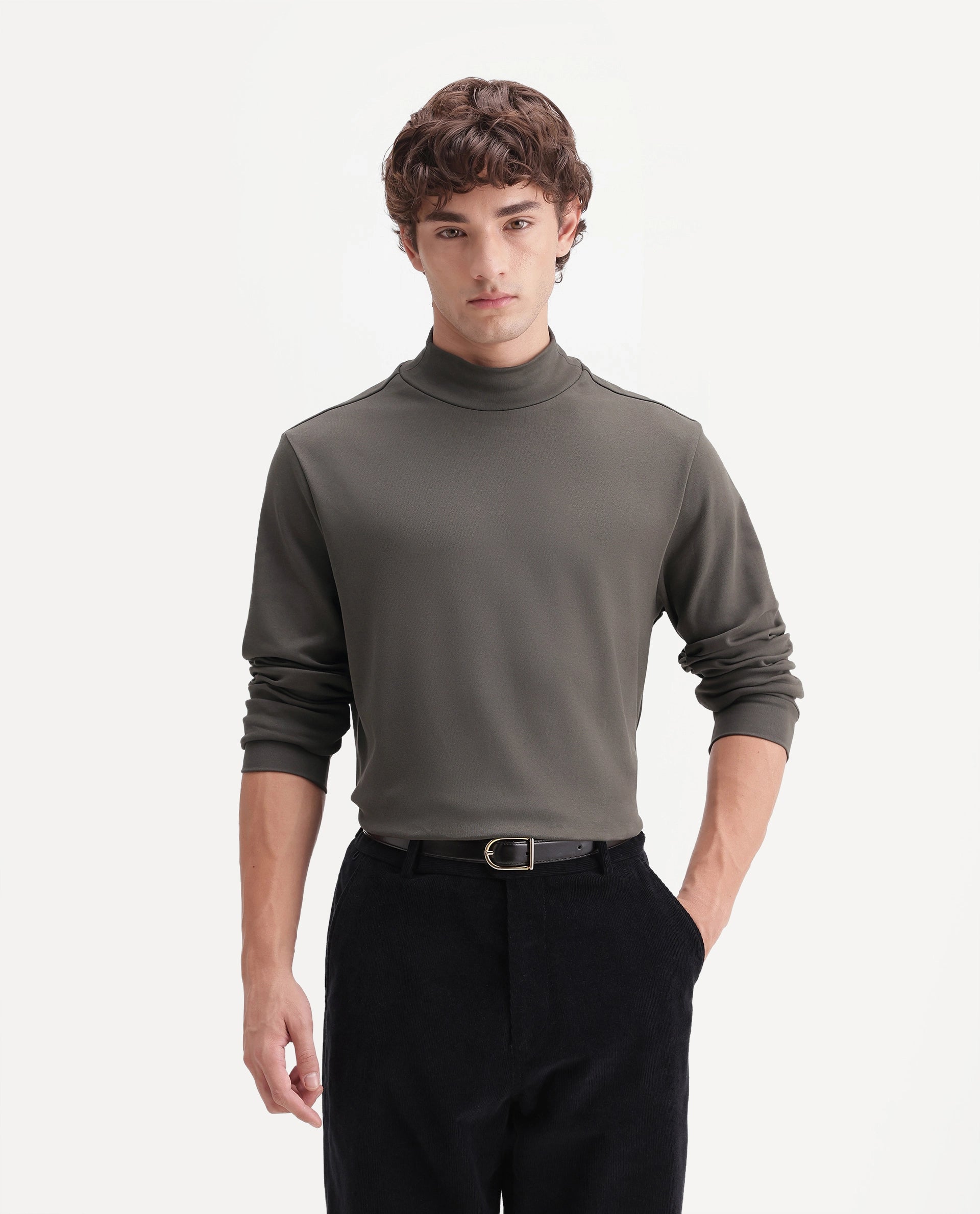 Rare Rabbit Men's Mick-A26 Dark Olive Cotton Blend High Neck Regular Plain T-Shirt