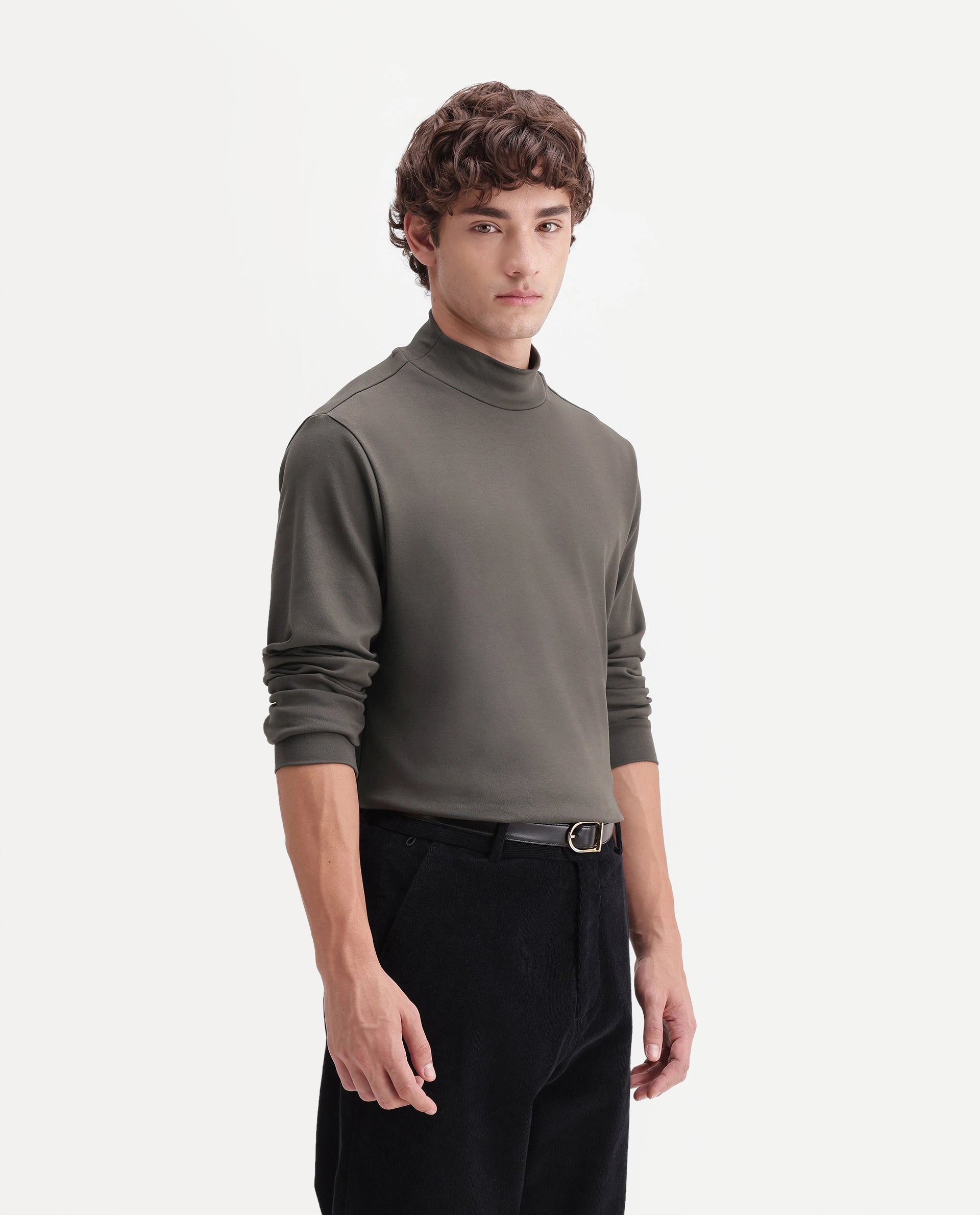 Rare Rabbit Men's Mick-A26 Dark Olive Cotton Blend High Neck Regular Plain T-Shirt