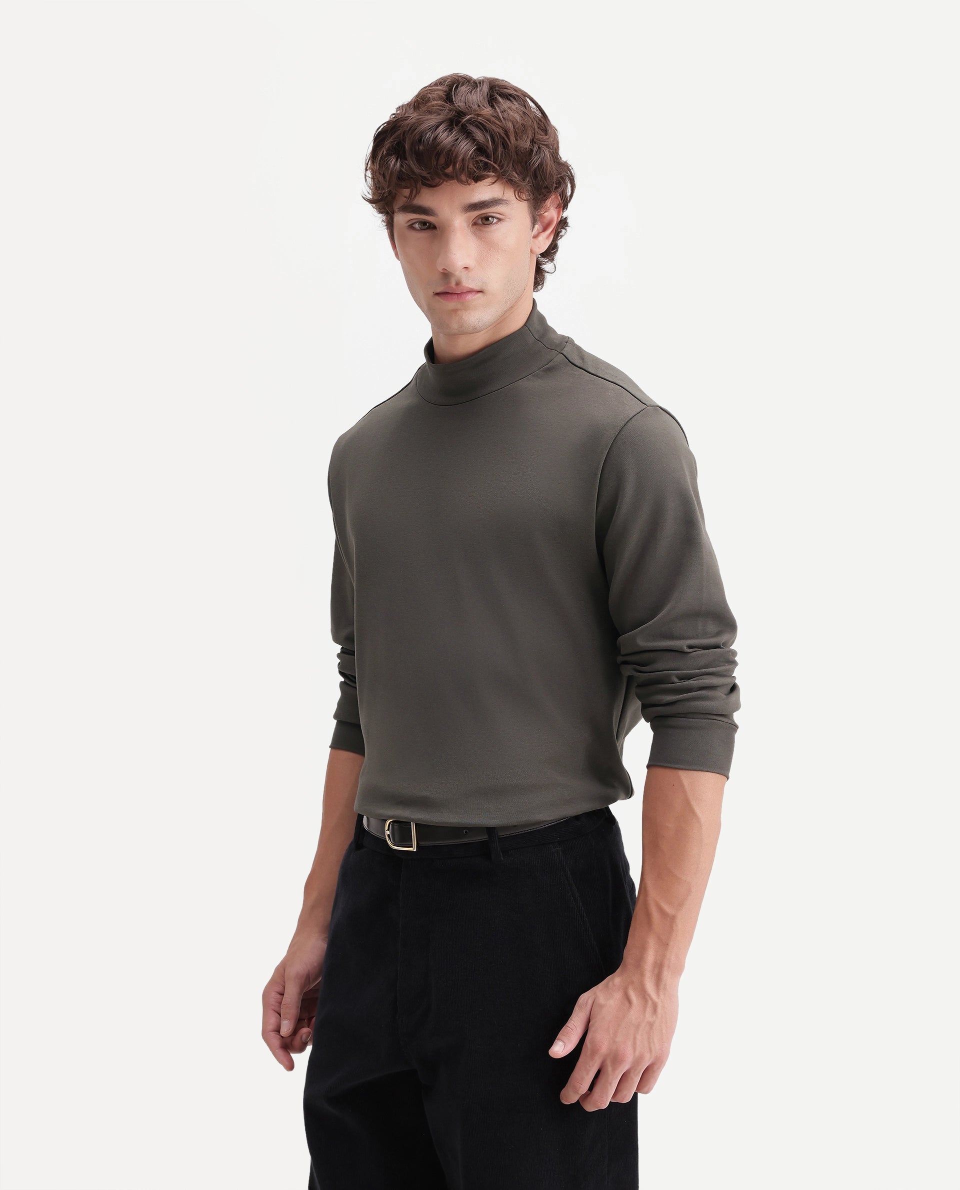 Rare Rabbit Men's Mick-A26 Dark Olive Cotton Blend High Neck Regular Plain T-Shirt