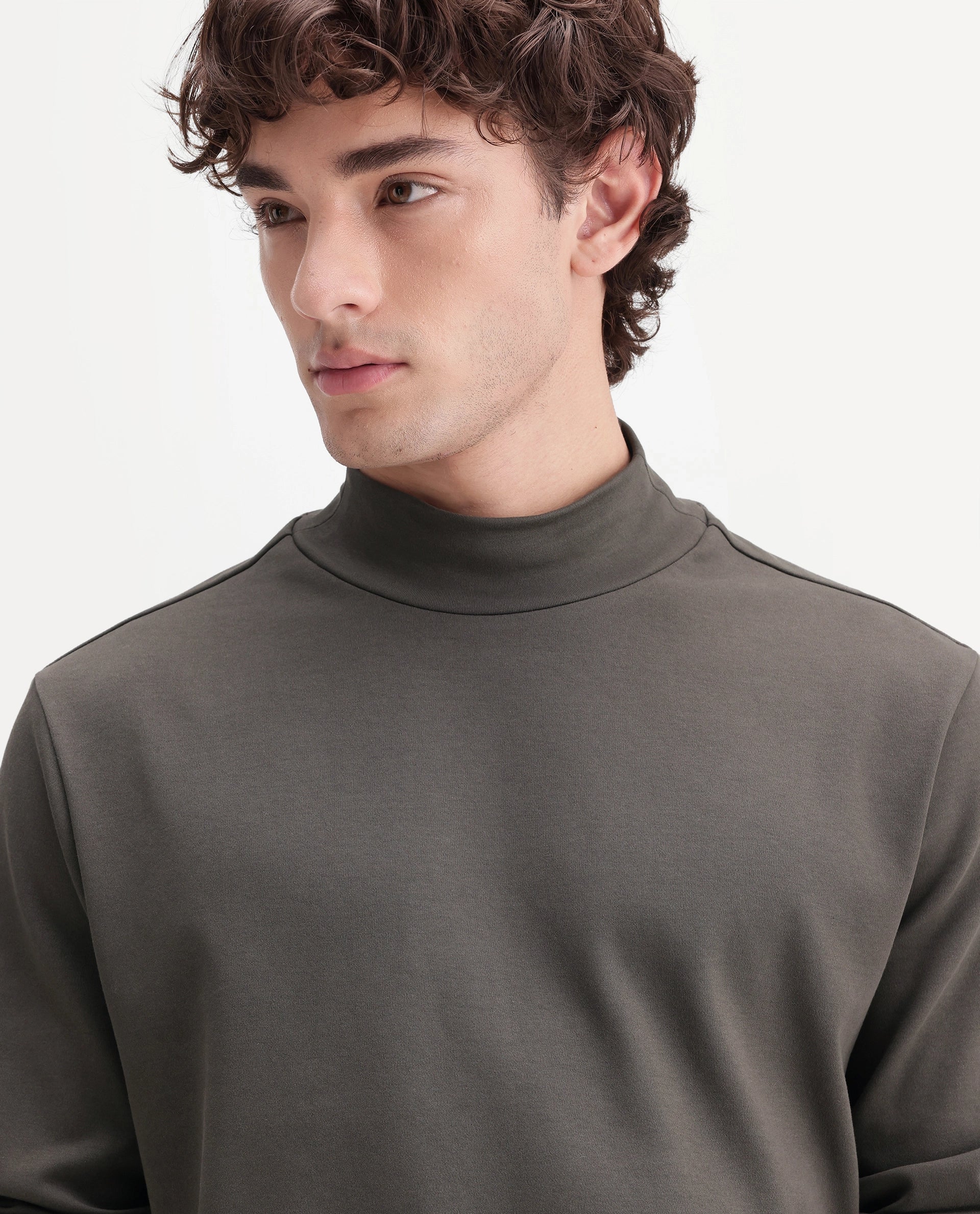 Rare Rabbit Men's Mick-A26 Dark Olive Cotton Blend High Neck Regular Plain T-Shirt