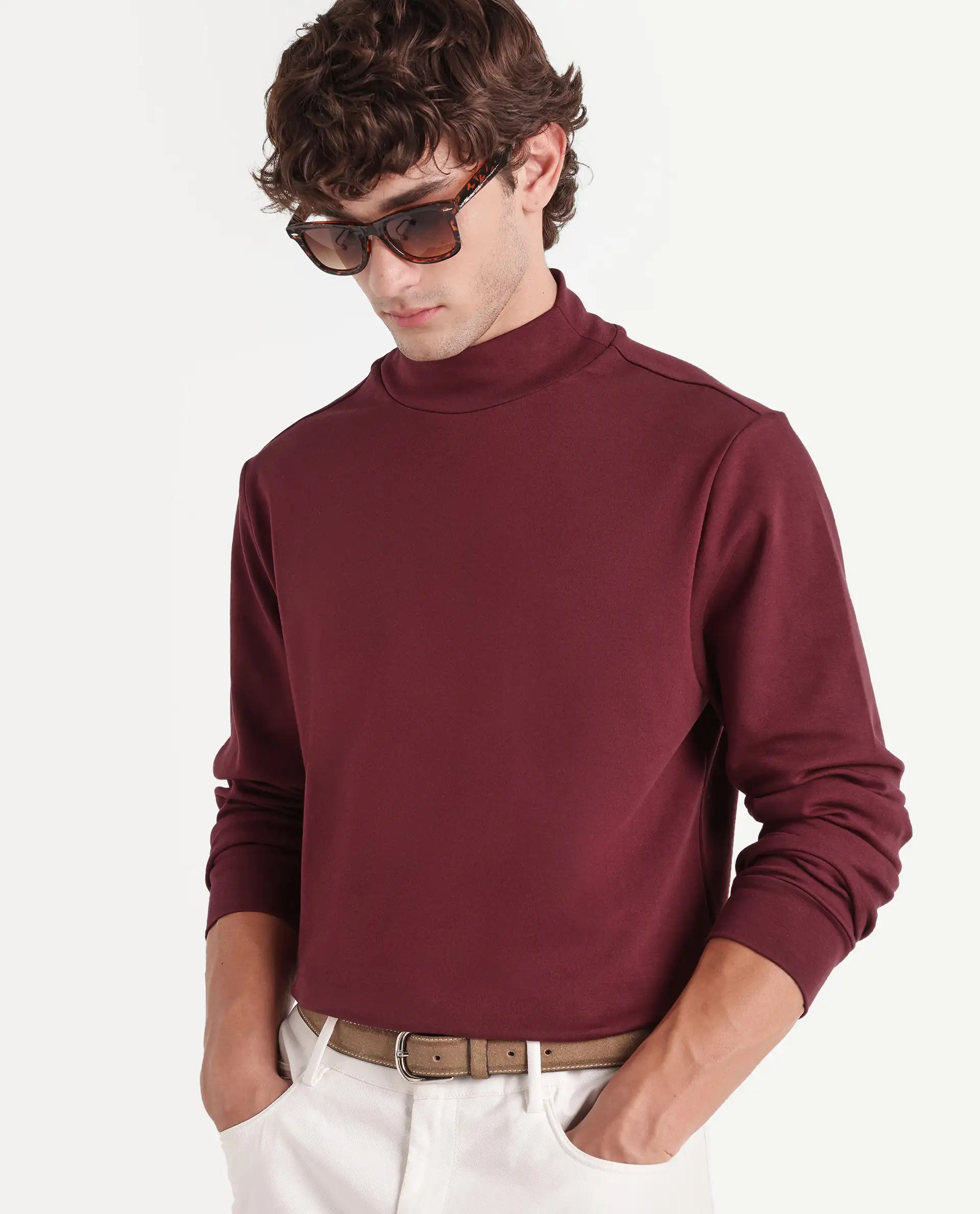Rare Rabbit Men's Mick-A26 Dark Maroon Cotton Blend High Neck Regular Plain T-Shirt