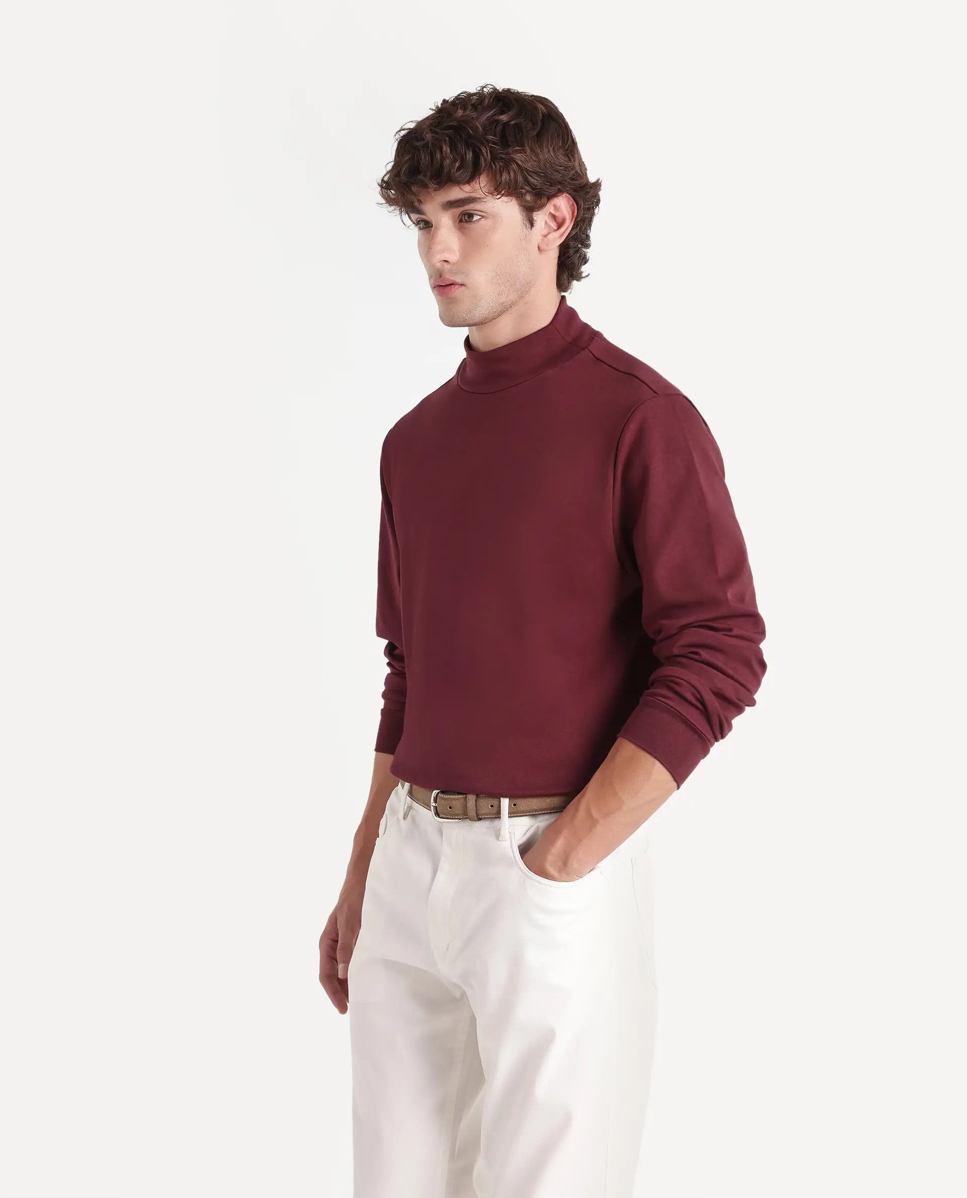 Rare Rabbit Men's Mick-A26 Dark Maroon Cotton Blend High Neck Regular Plain T-Shirt