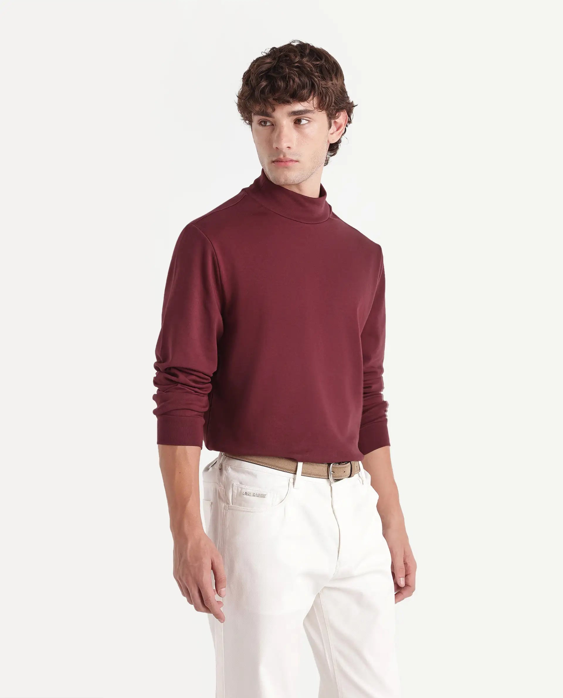 Rare Rabbit Men's Mick-A26 Dark Maroon Cotton Blend High Neck Regular Plain T-Shirt
