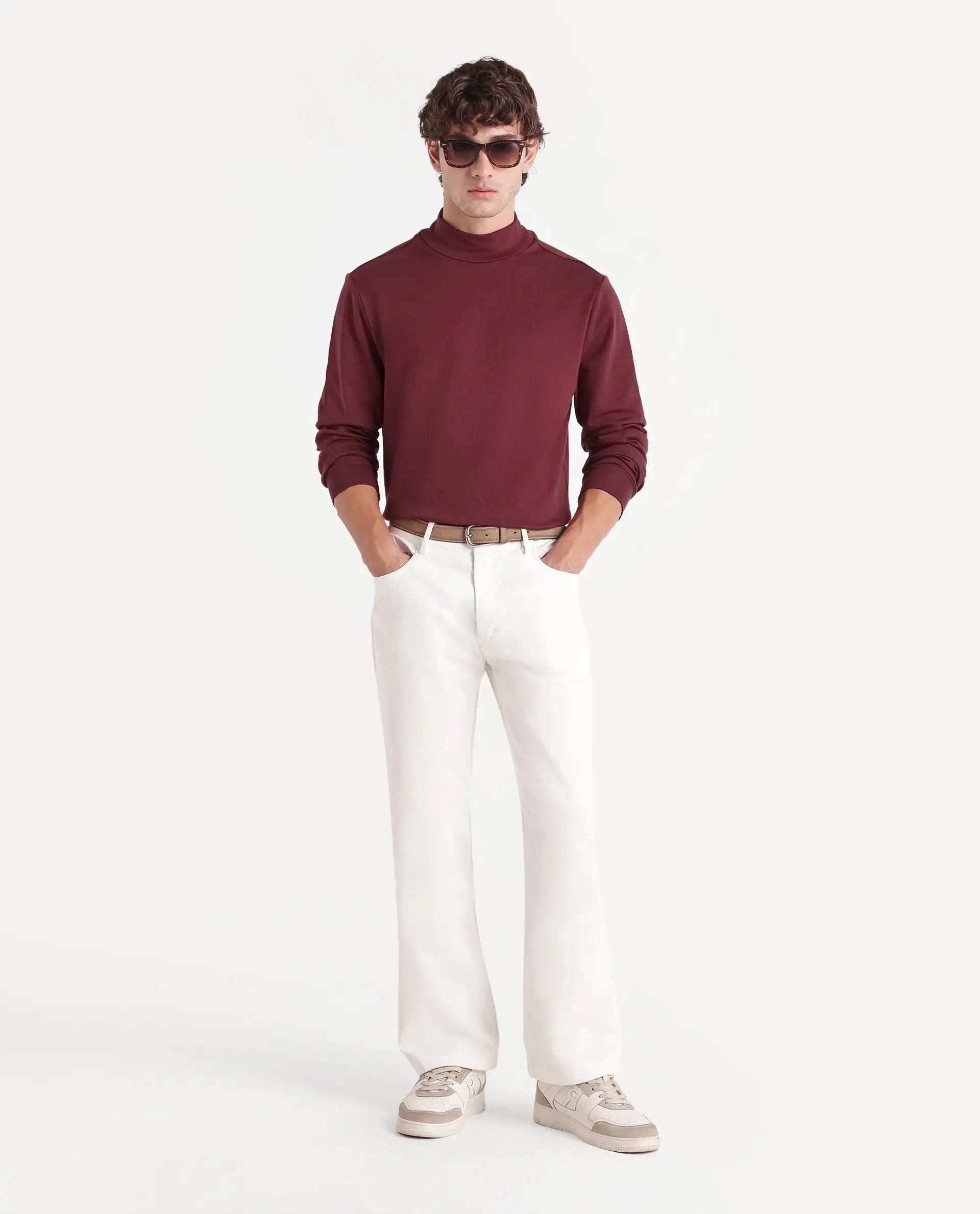 Rare Rabbit Men's Mick-A26 Dark Maroon Cotton Blend High Neck Regular Plain T-Shirt