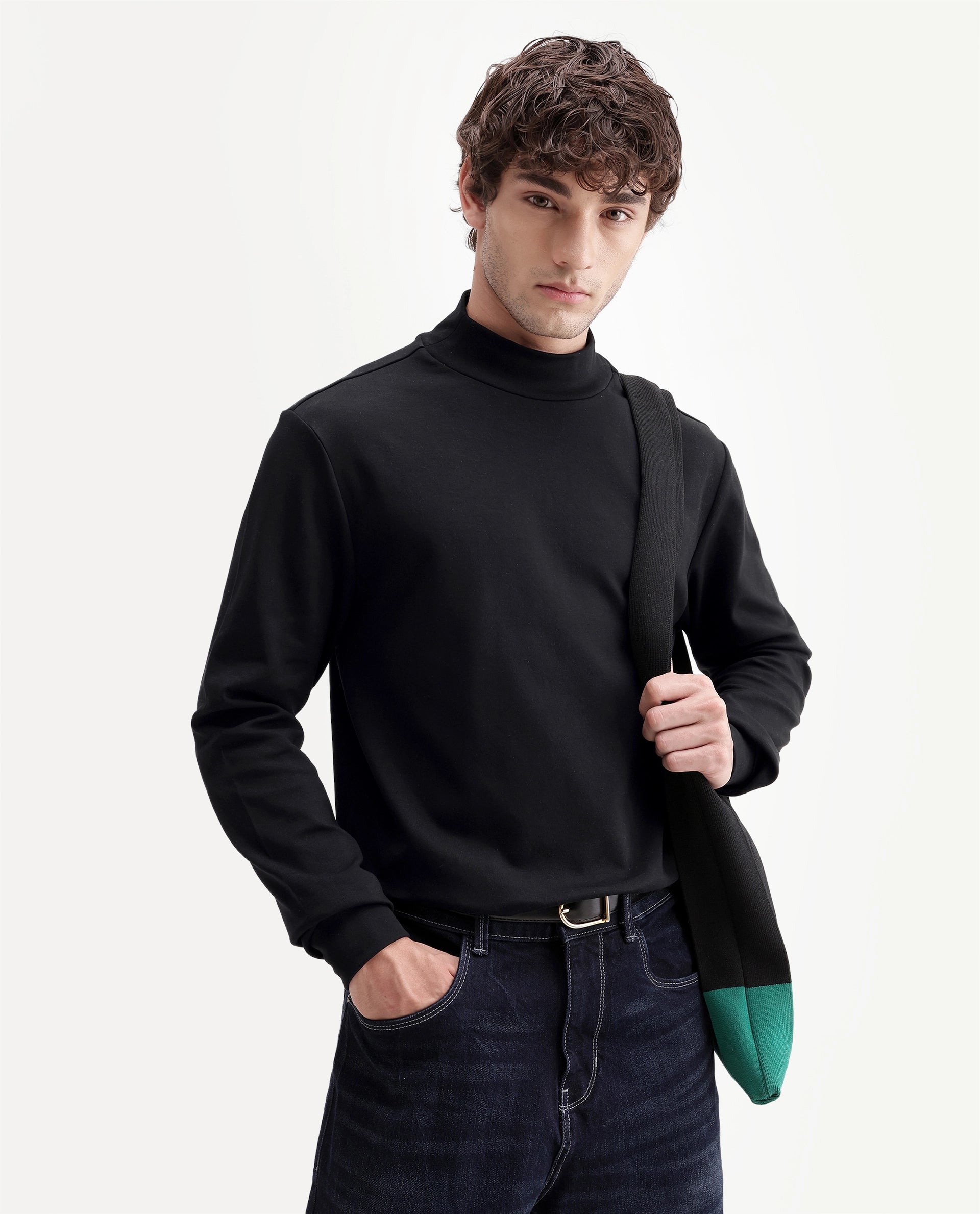 Rare Rabbit Men's Mick-A26 Black Cotton Blend High Neck Regular Plain T-Shirt