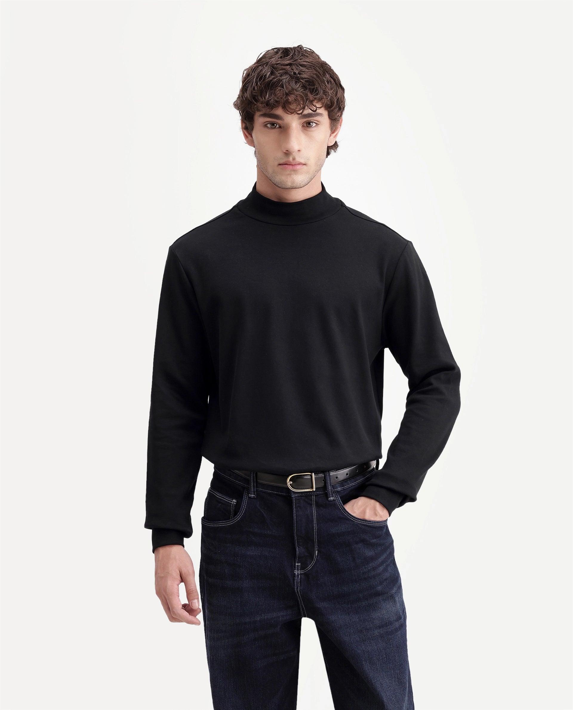 Rare Rabbit Men's Mick-A26 Black Cotton Blend High Neck Regular Plain T-Shirt