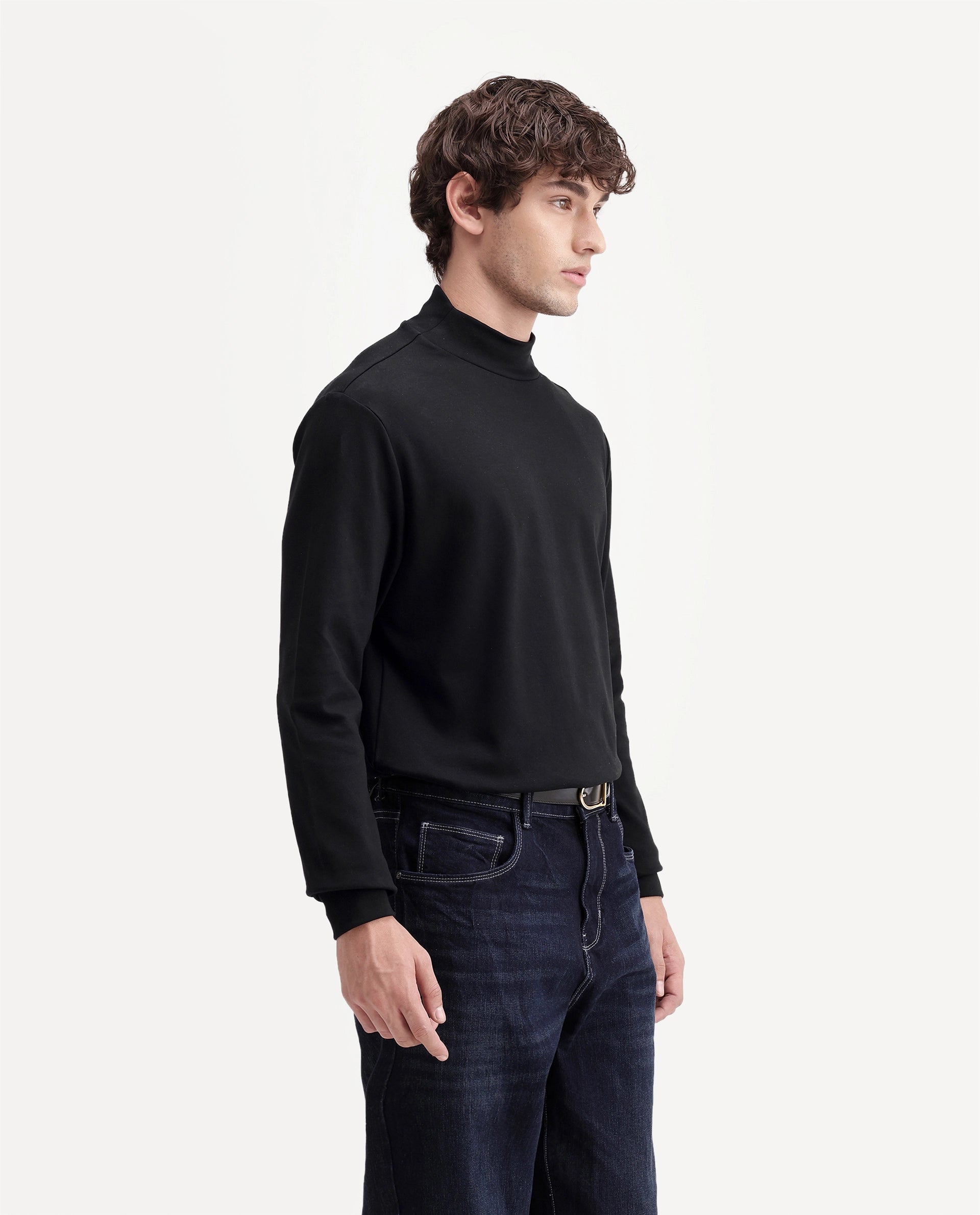 Rare Rabbit Men's Mick-A26 Black Cotton Blend High Neck Regular Plain T-Shirt