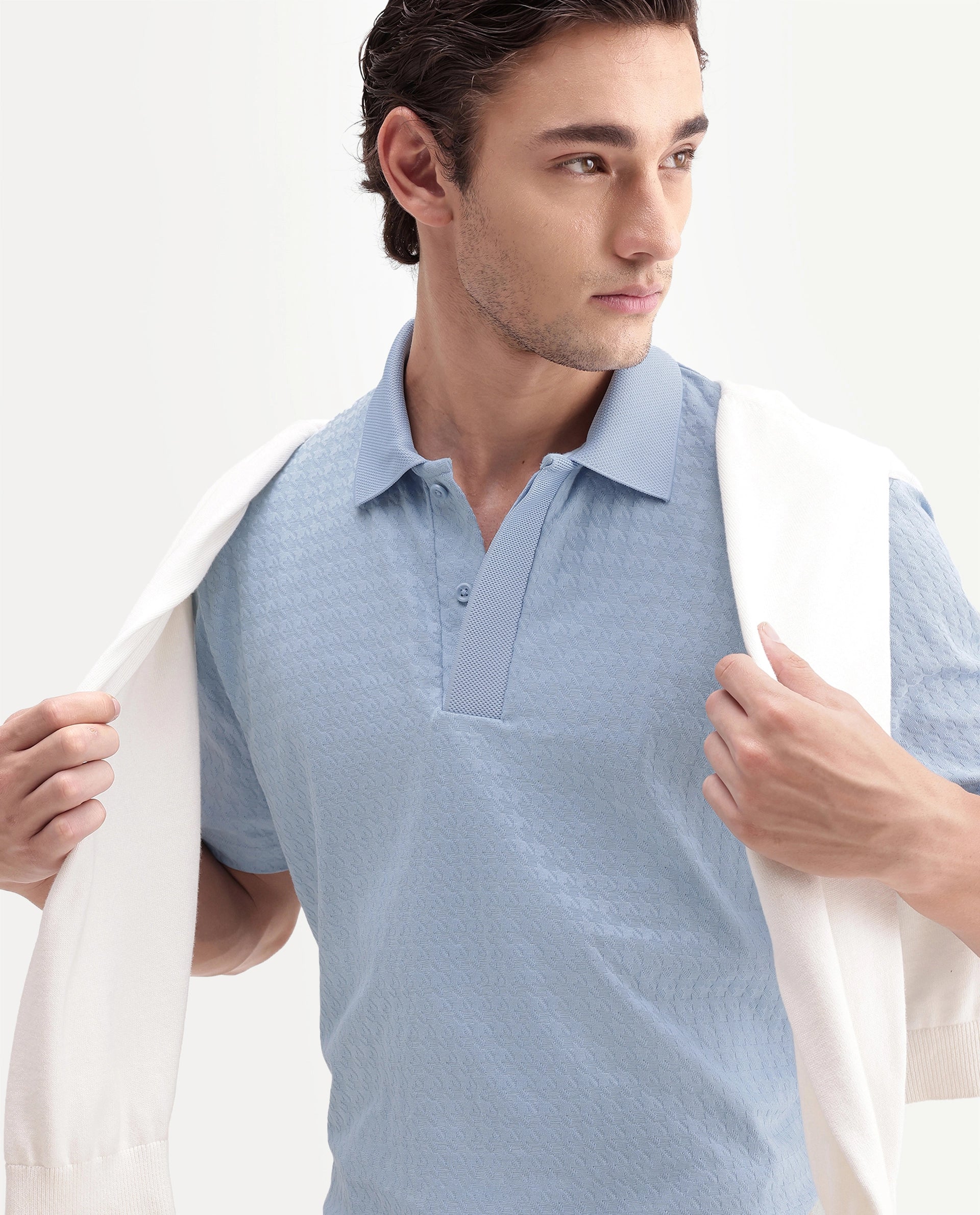 Rare Rabbit Men's Hrid Light Blue Cotton Blend Spread Collar Regular Jacquard Polo