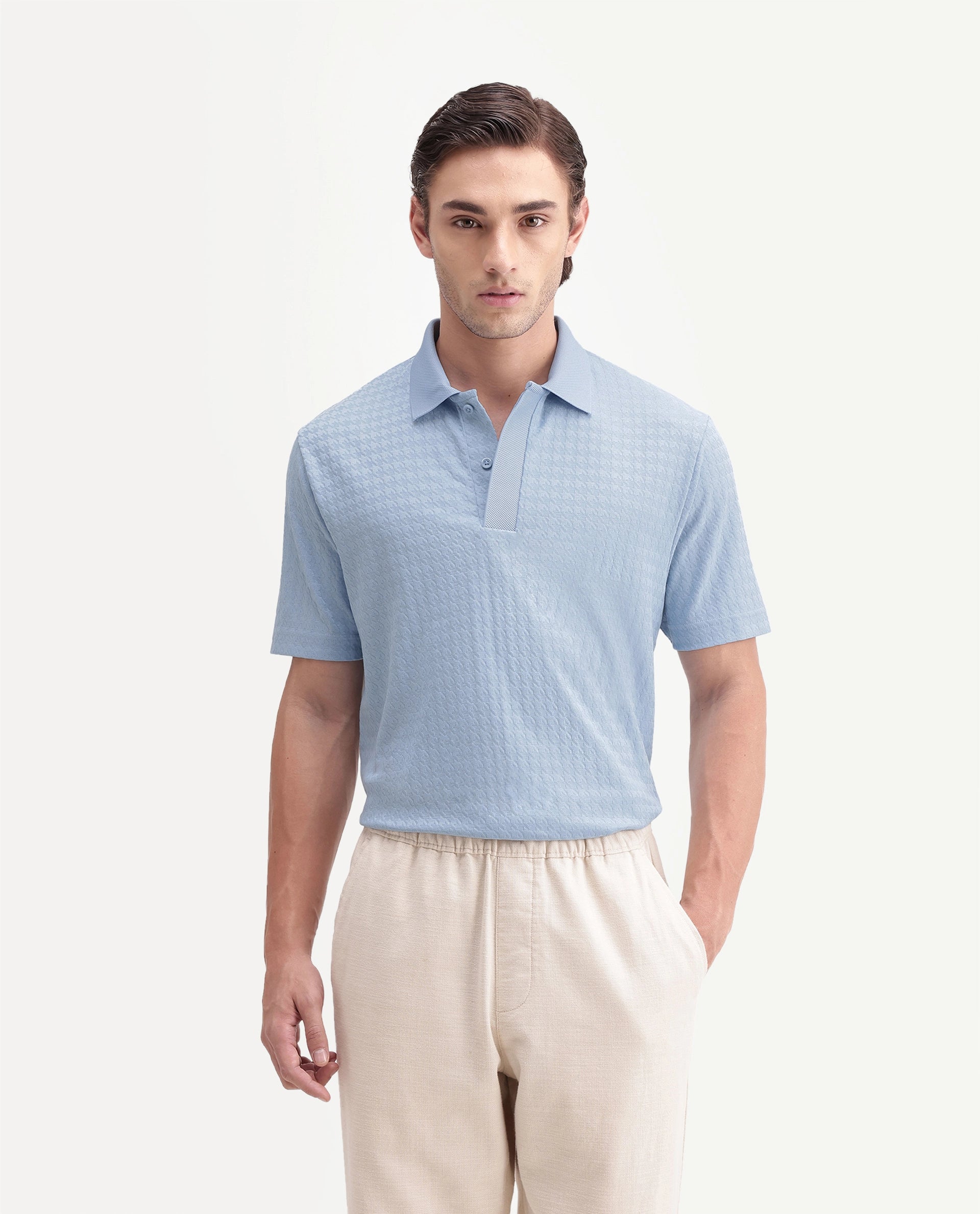 Rare Rabbit Men's Hrid Light Blue Cotton Blend Spread Collar Regular Jacquard Polo