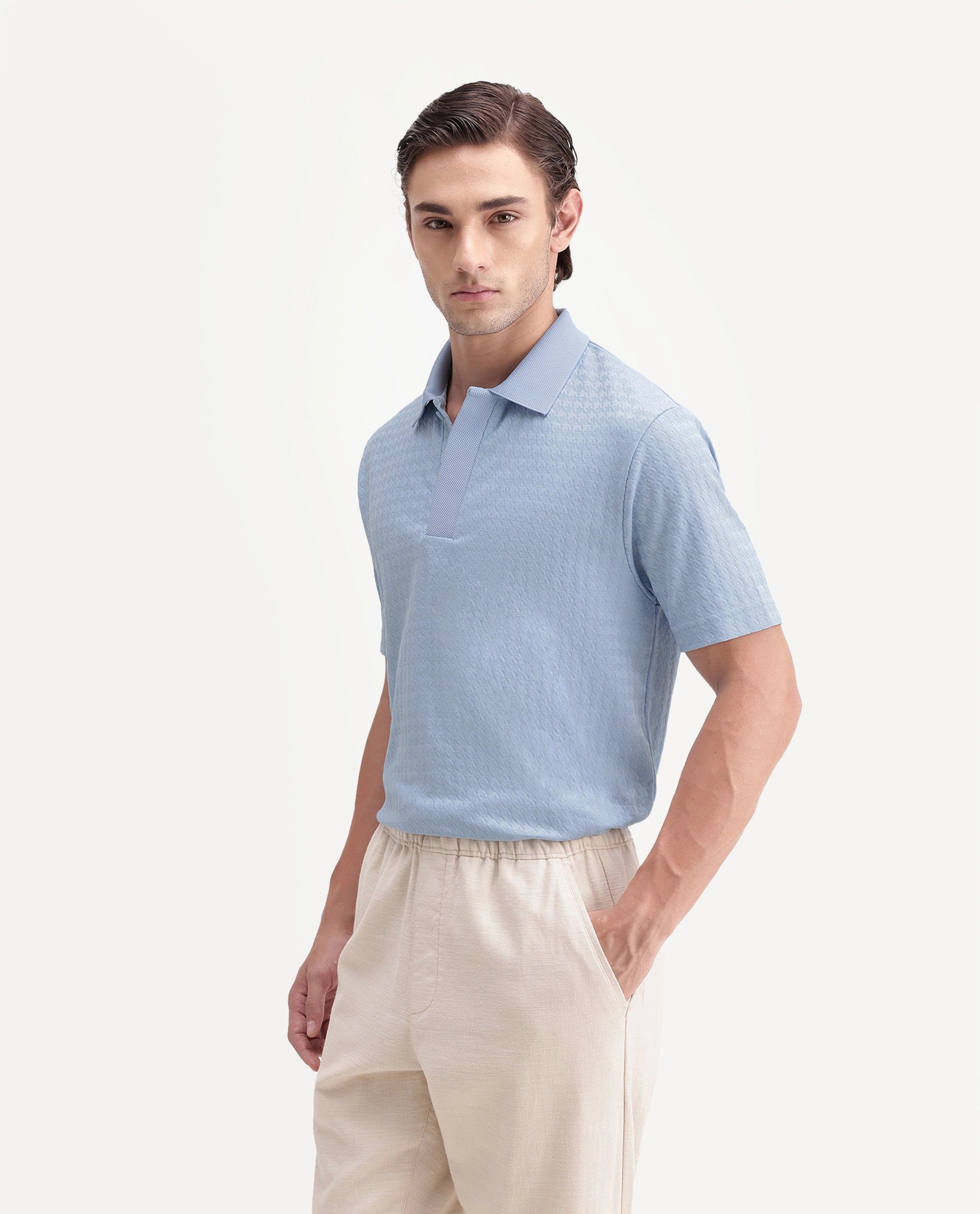 Rare Rabbit Men's Hrid Light Blue Cotton Blend Spread Collar Regular Jacquard Polo