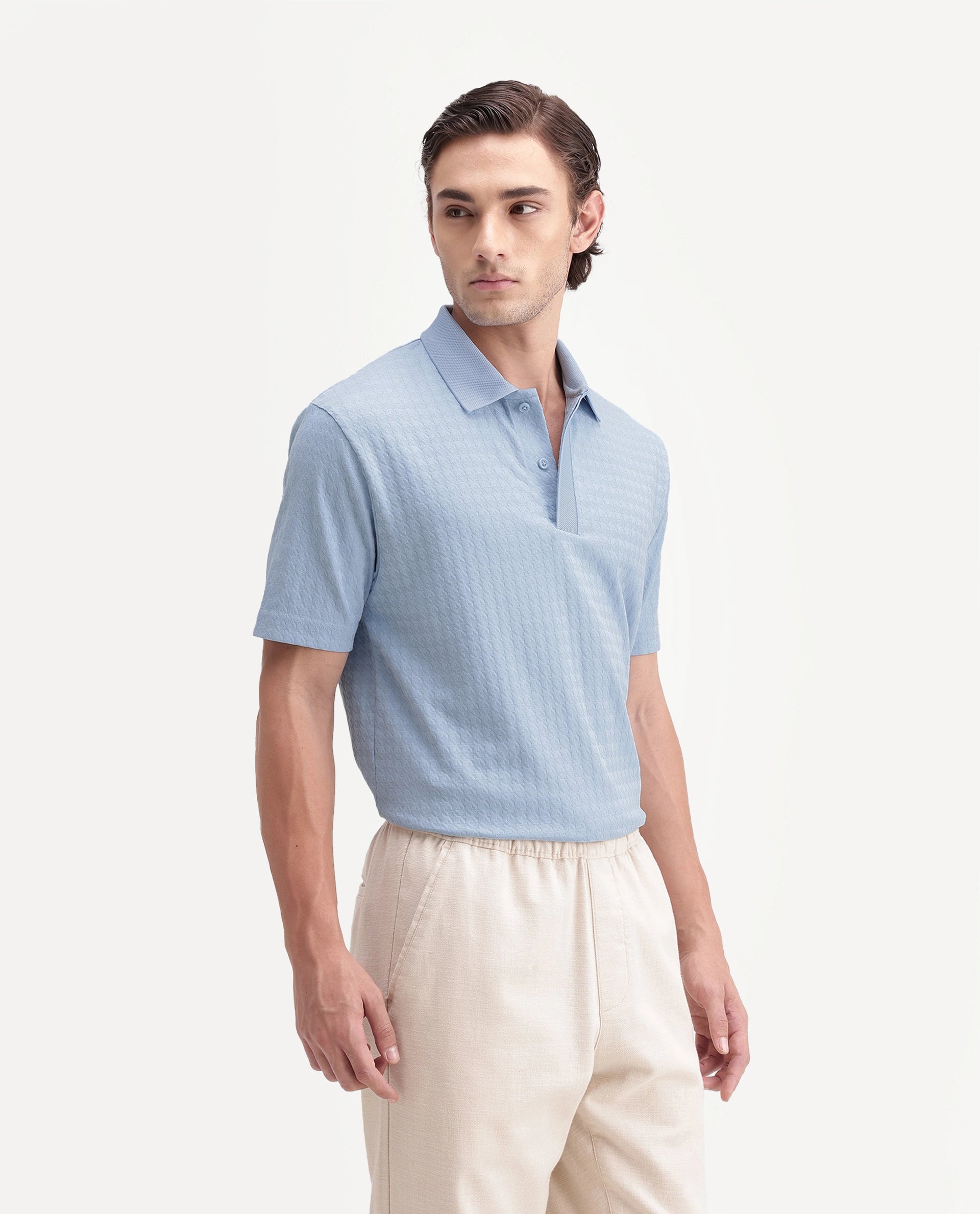 Rare Rabbit Men's Hrid Light Blue Cotton Blend Spread Collar Regular Jacquard Polo