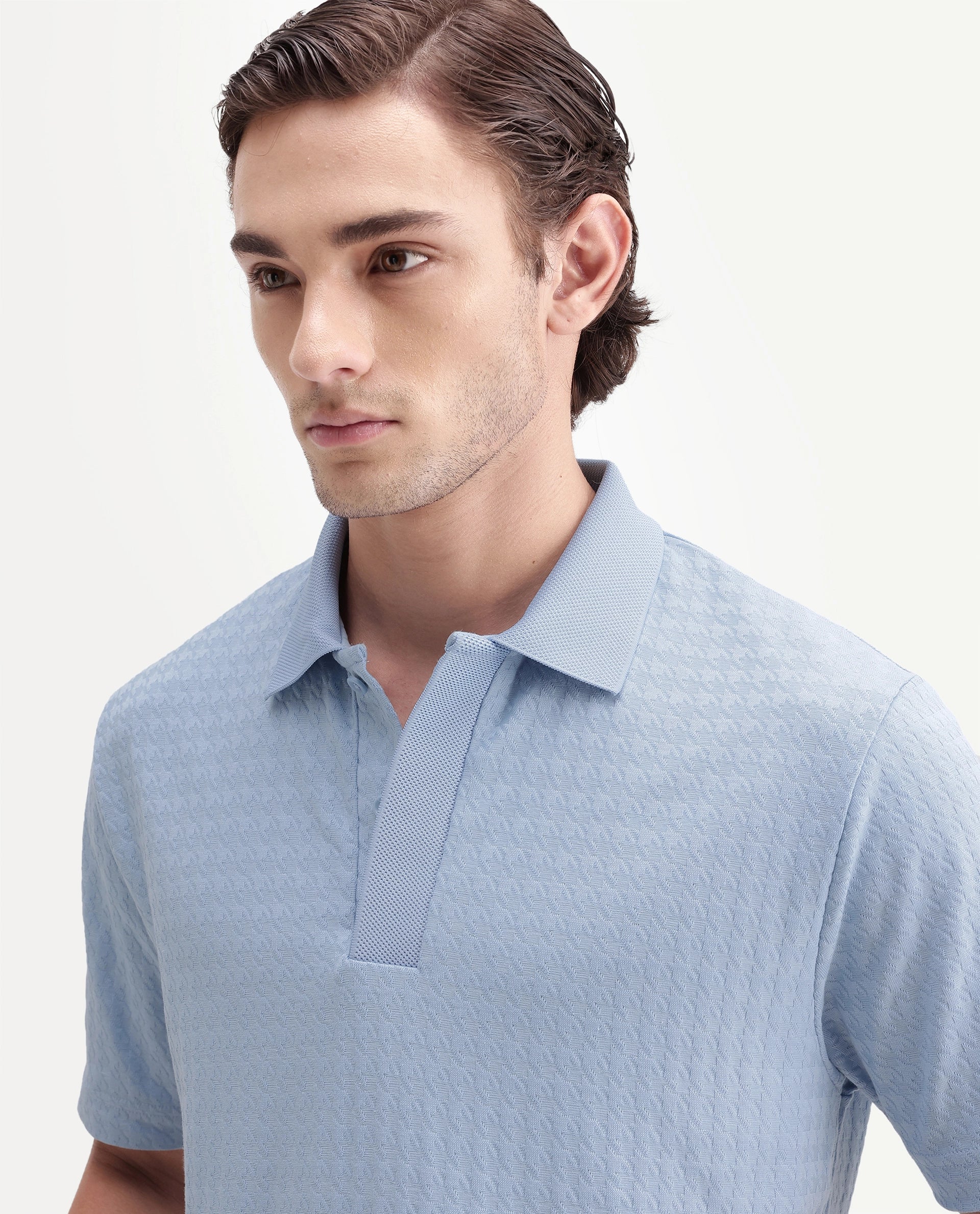 Rare Rabbit Men's Hrid Light Blue Cotton Blend Spread Collar Regular Jacquard Polo